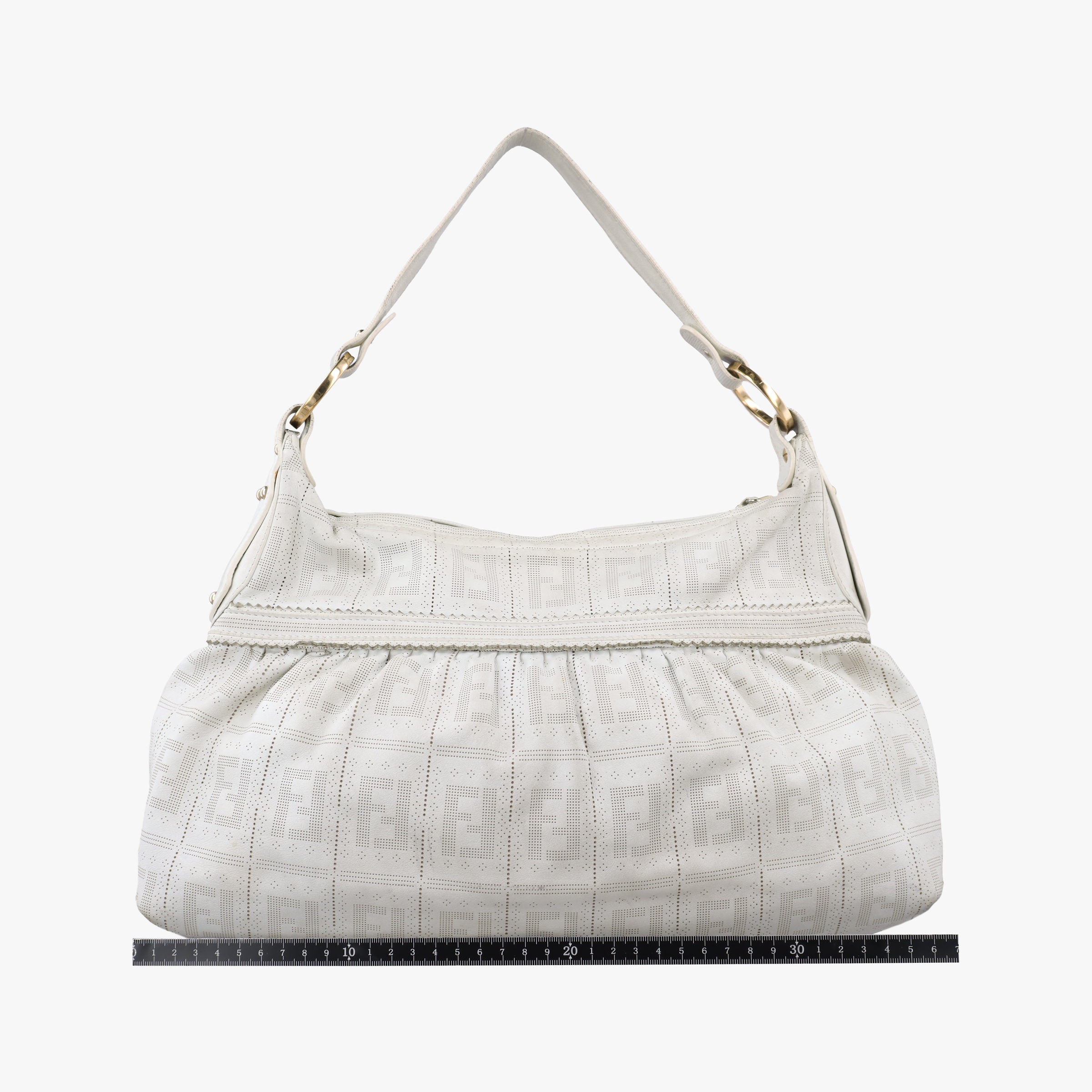 Secondhand Fendi Chef Perforated Charm Zucca Print White Leather 8BR448 handbag | stylenewstar