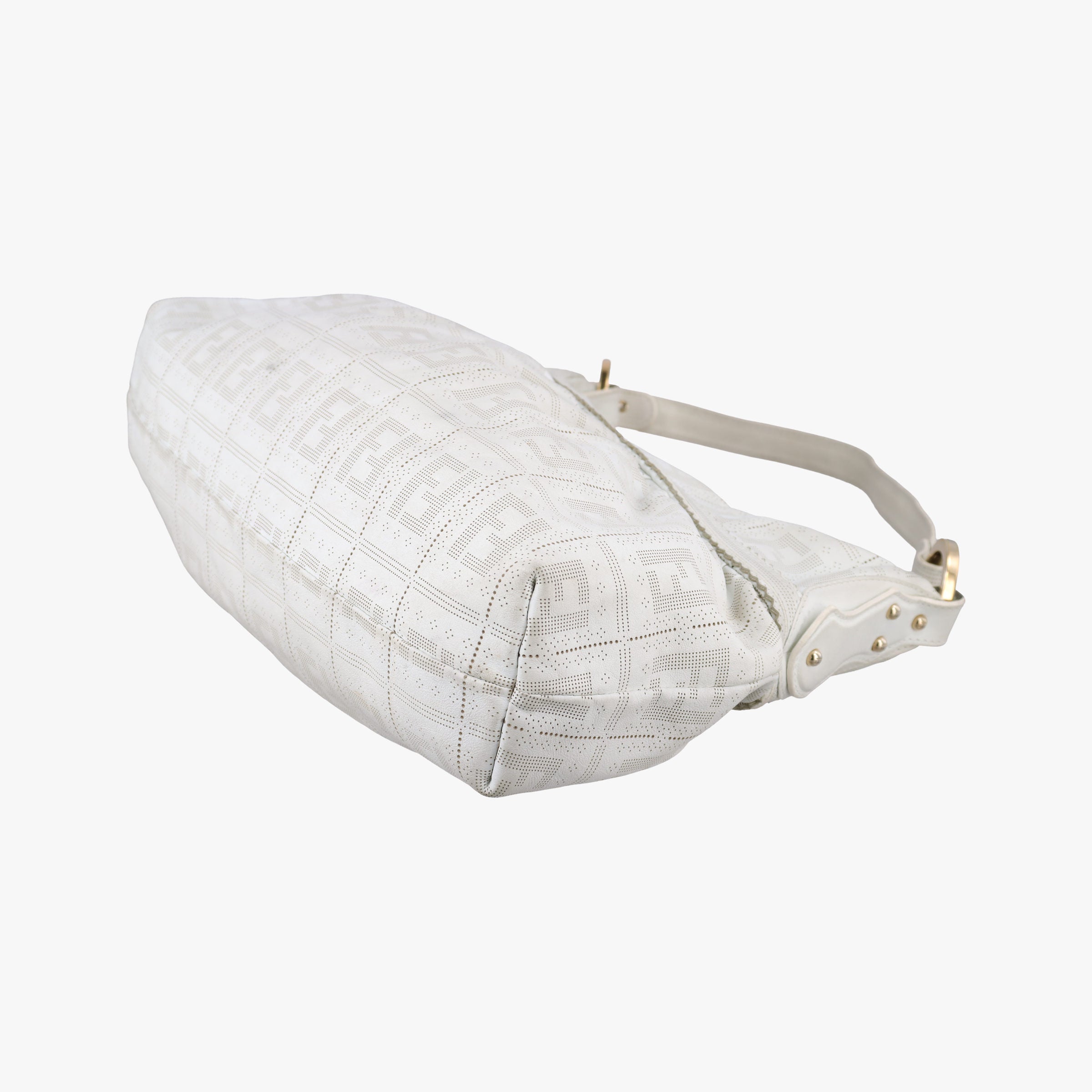 Secondhand Fendi Chef Perforated Charm Zucca Print White Leather 8BR448 handbag | stylenewstar