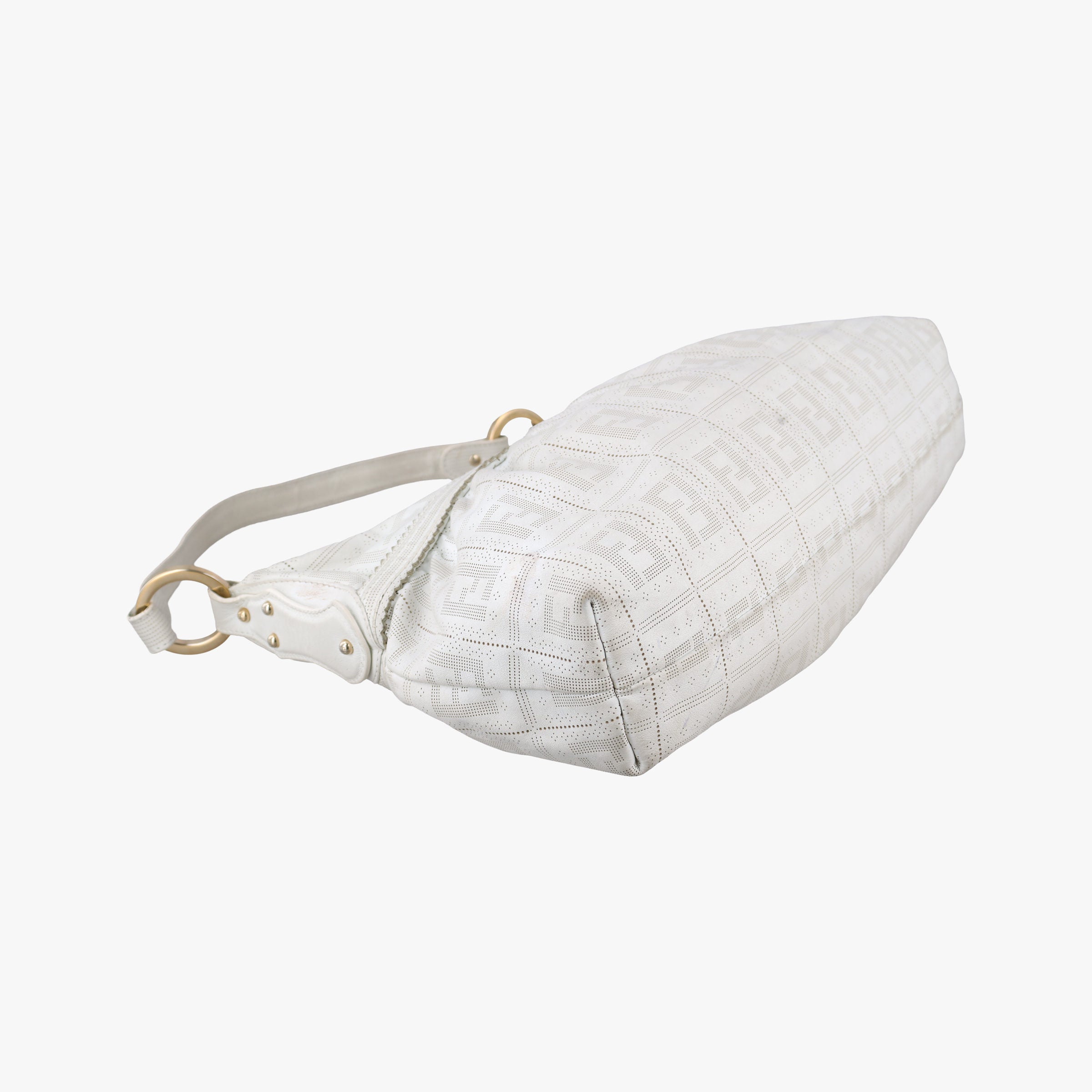 Secondhand Fendi Chef Perforated Charm Zucca Print White Leather 8BR448 handbag | stylenewstar