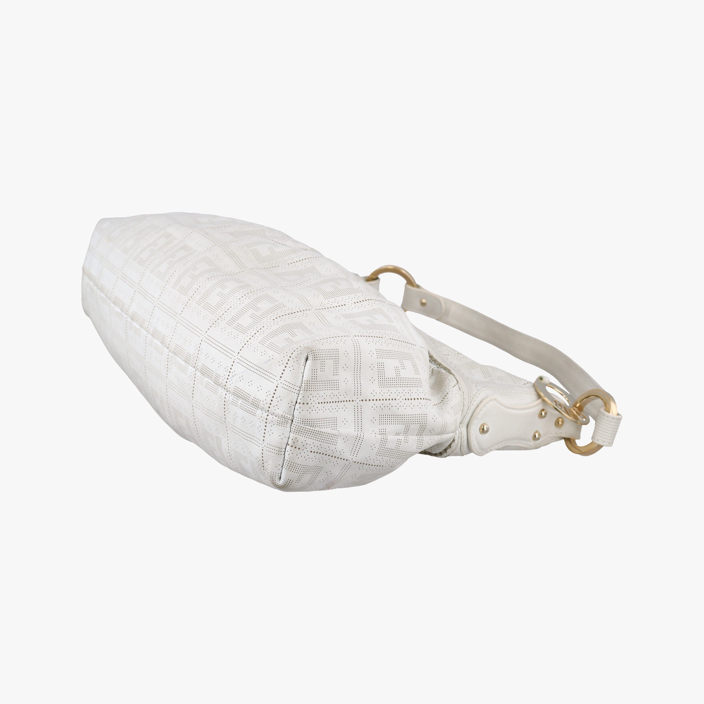 Secondhand Fendi Chef Perforated Charm Zucca Print White Leather 8BR448 handbag | stylenewstar