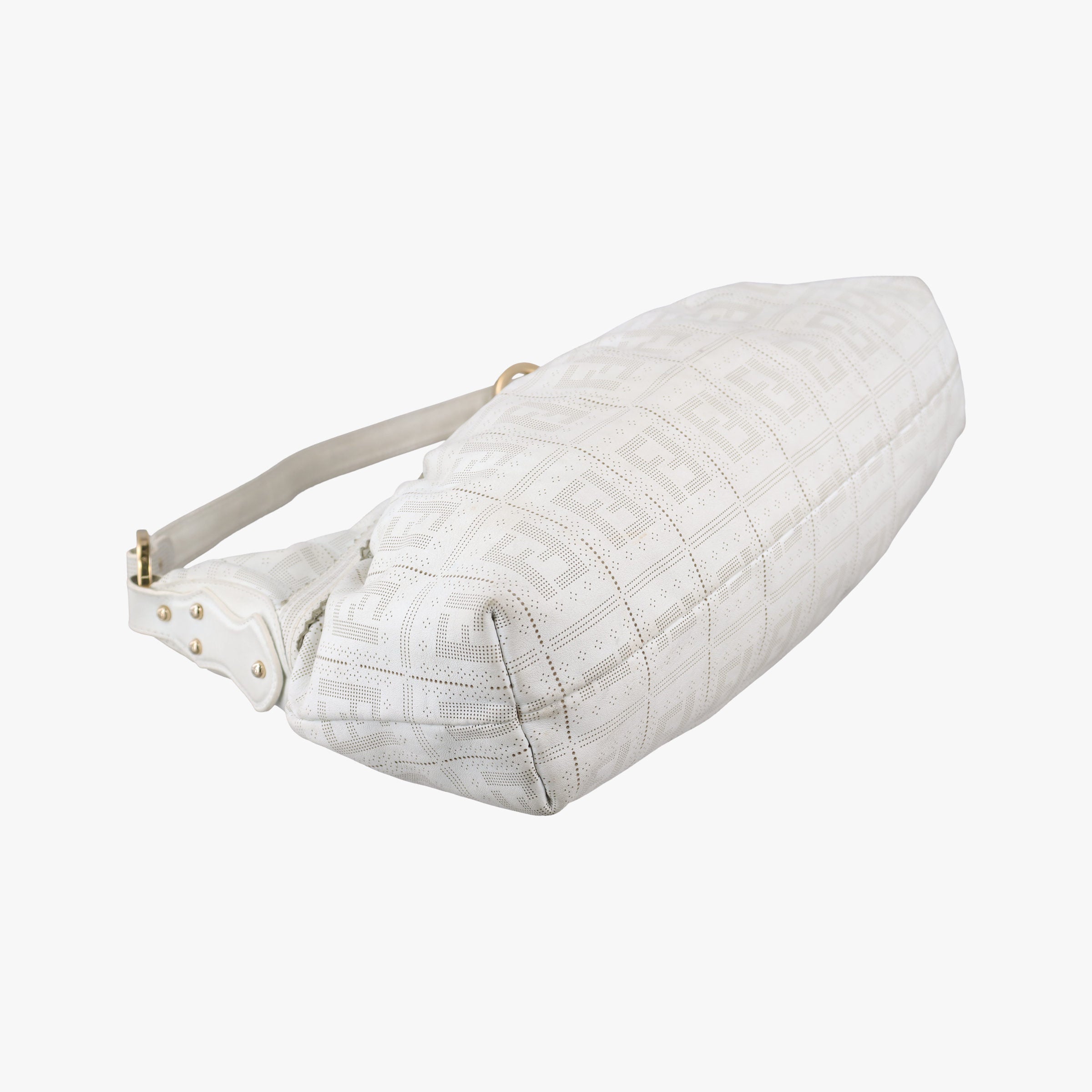 Secondhand Fendi Chef Perforated Charm Zucca Print White Leather 8BR448 handbag | stylenewstar