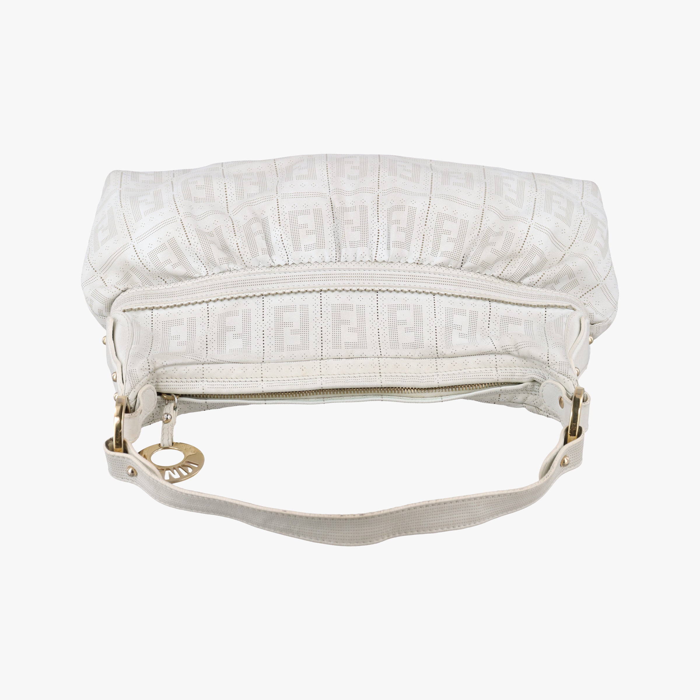 Secondhand Fendi Chef Perforated Charm Zucca Print White Leather 8BR448 handbag | stylenewstar