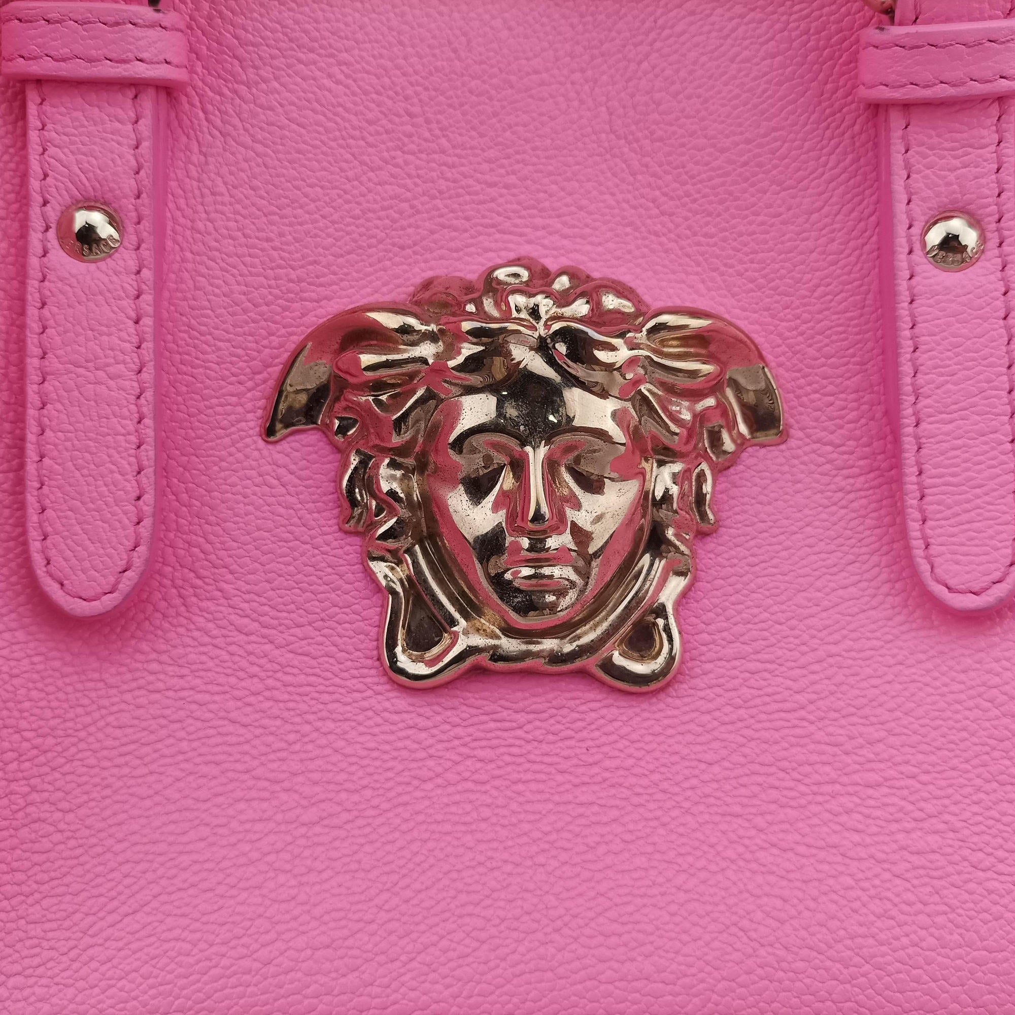 Secondhand VERSACE La Medusa Palazzo bowling Pink Leather  handbag | stylenewstar
