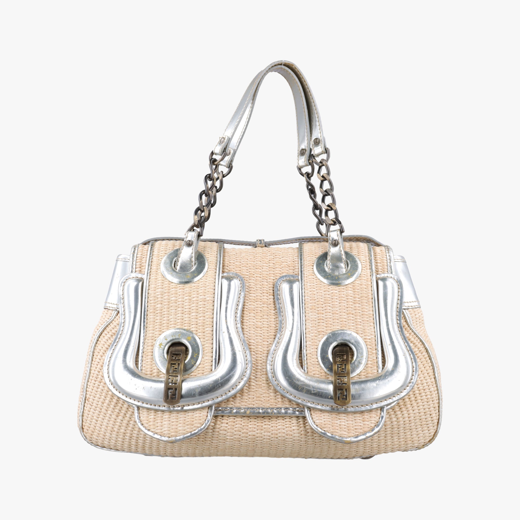 Pre-owned Fendi B Bag Beige x Silver straw  handbag | stylenewstar