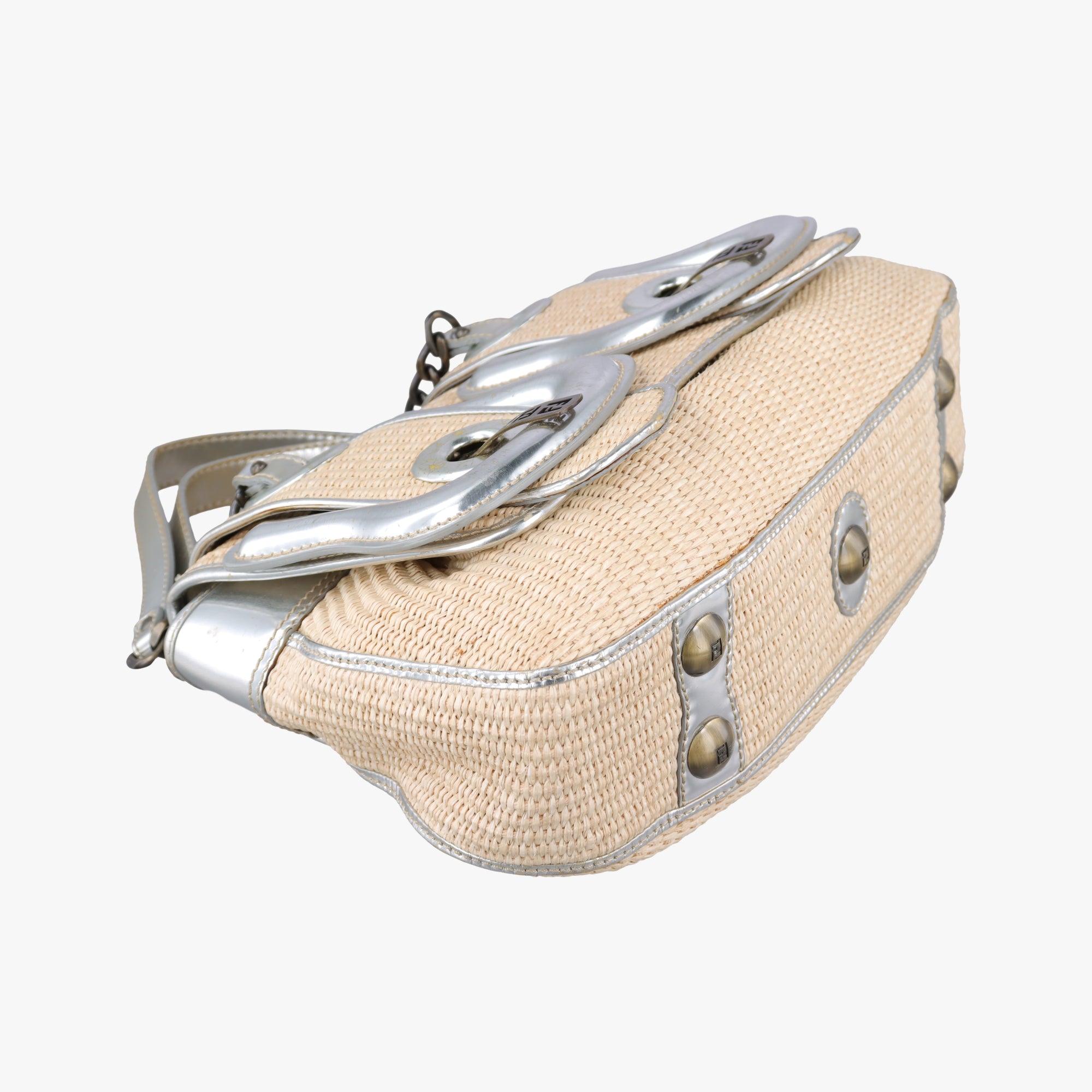 Pre-owned Fendi B Bag Beige x Silver straw  handbag | stylenewstar