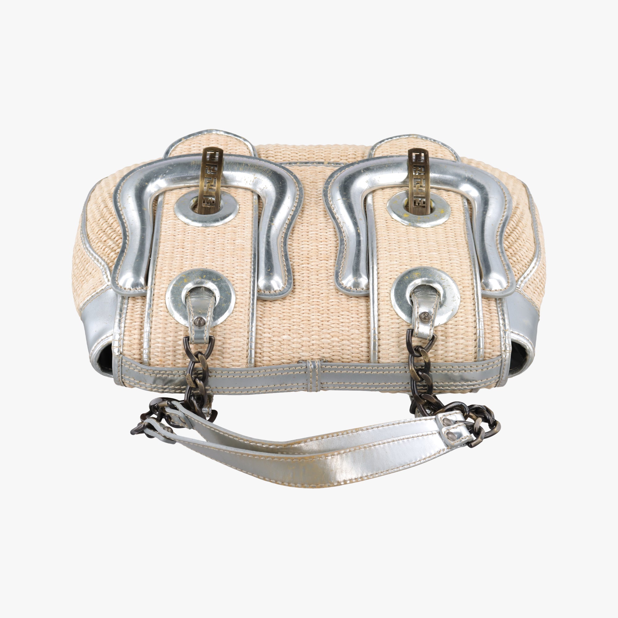 Pre-owned Fendi B Bag Beige x Silver straw  handbag | stylenewstar