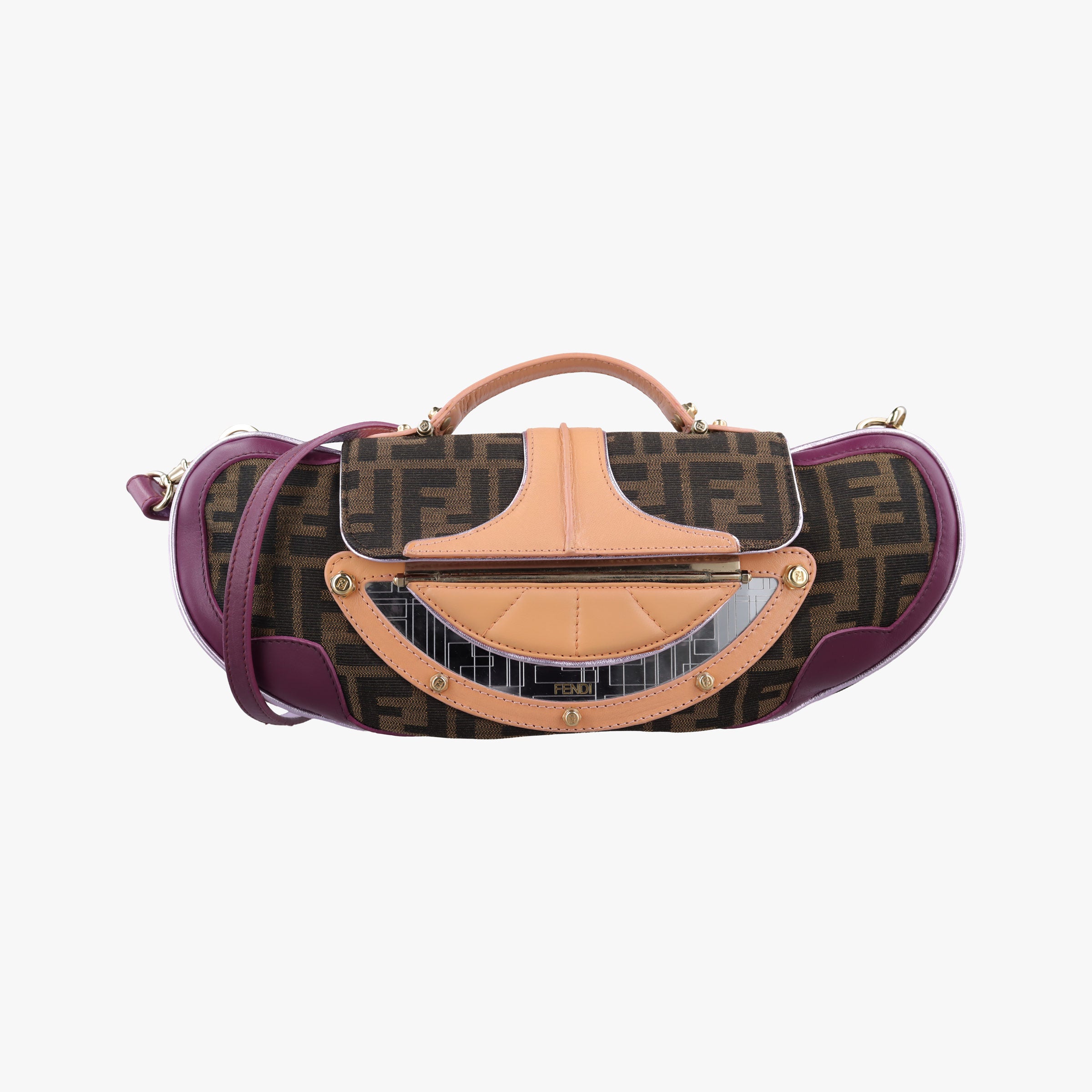 Pre-owned Fendi Zucca Vanity Mirror beige×Brown×purple canvas×leather 8BN133 shoulderbag | stylenewstar