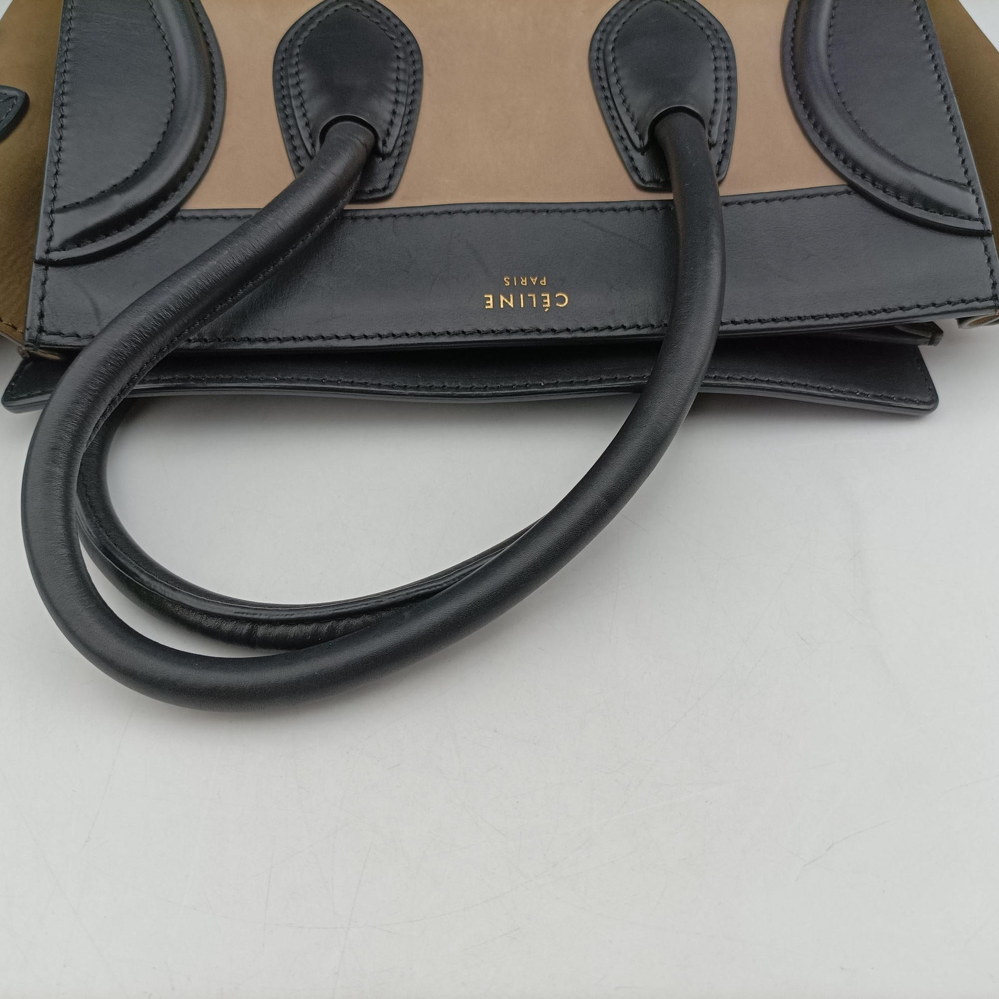 Secondhand Celine Luggage Mini Shopper Beige×Black×yellow Suede × leather  handbag | stylenewstar