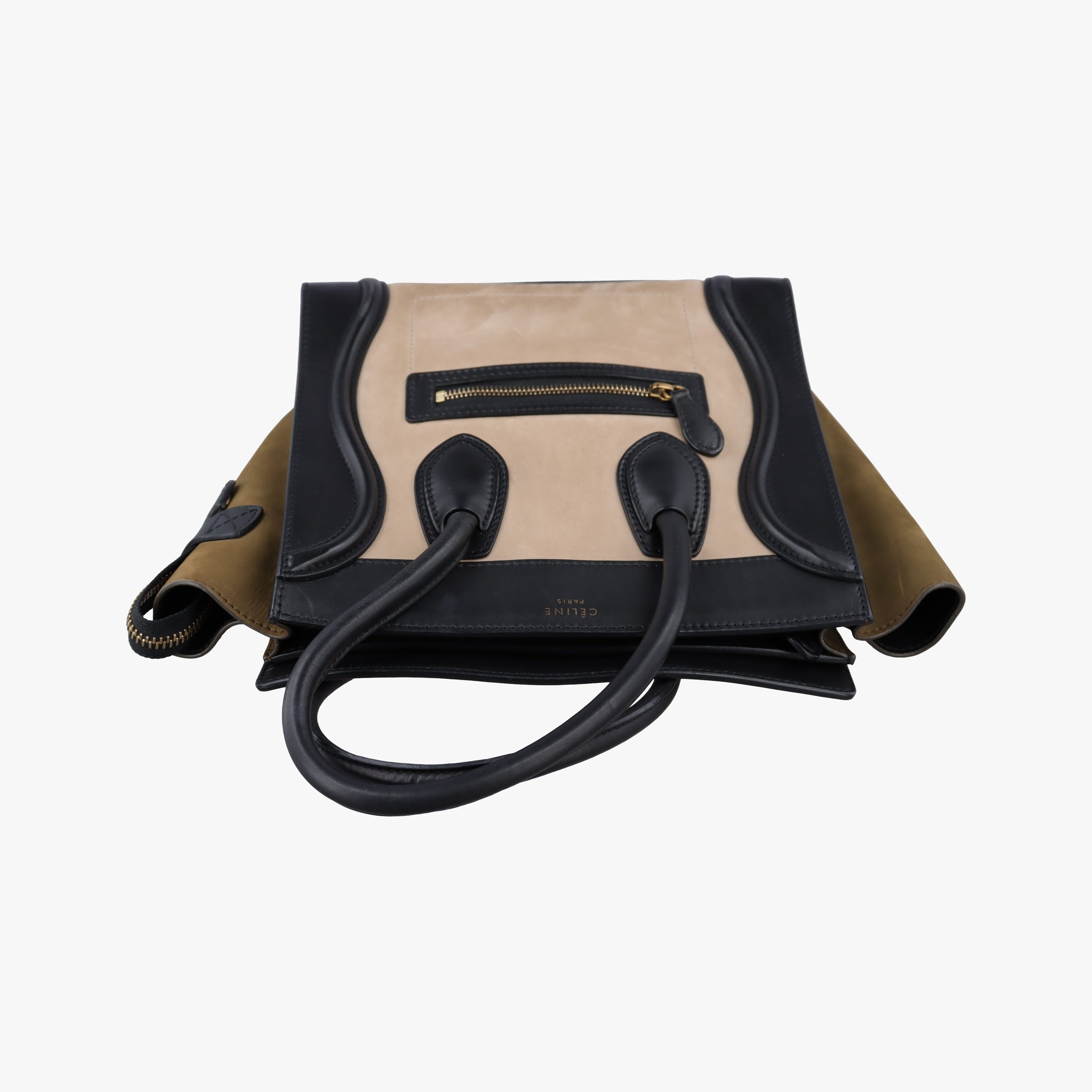 Secondhand Celine Luggage Mini Shopper Beige×Black×yellow Suede × leather  handbag | stylenewstar