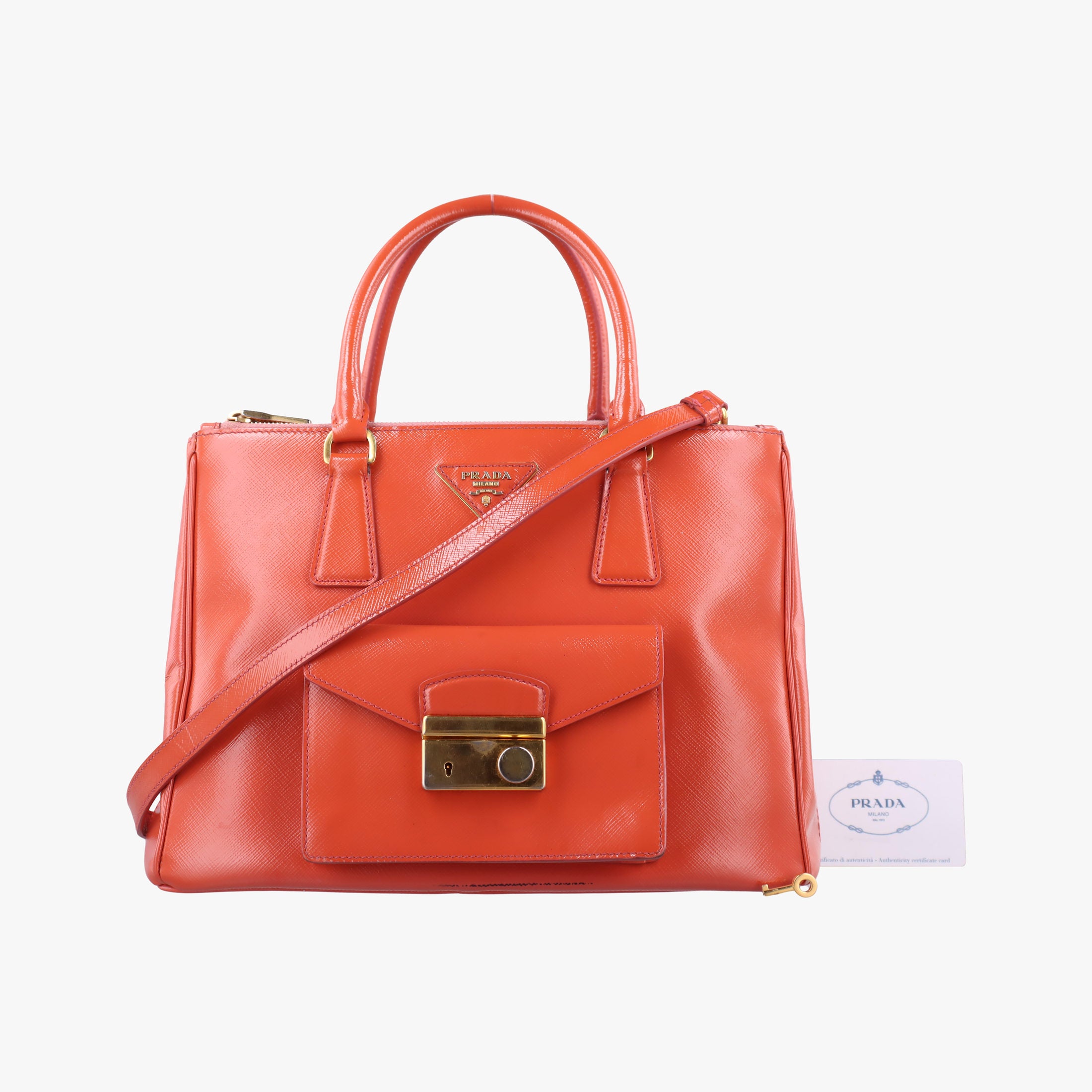 Pre-owned Prada Galleria Front Pocket Orange Patent BN2674 shoulderbag | stylenewstar