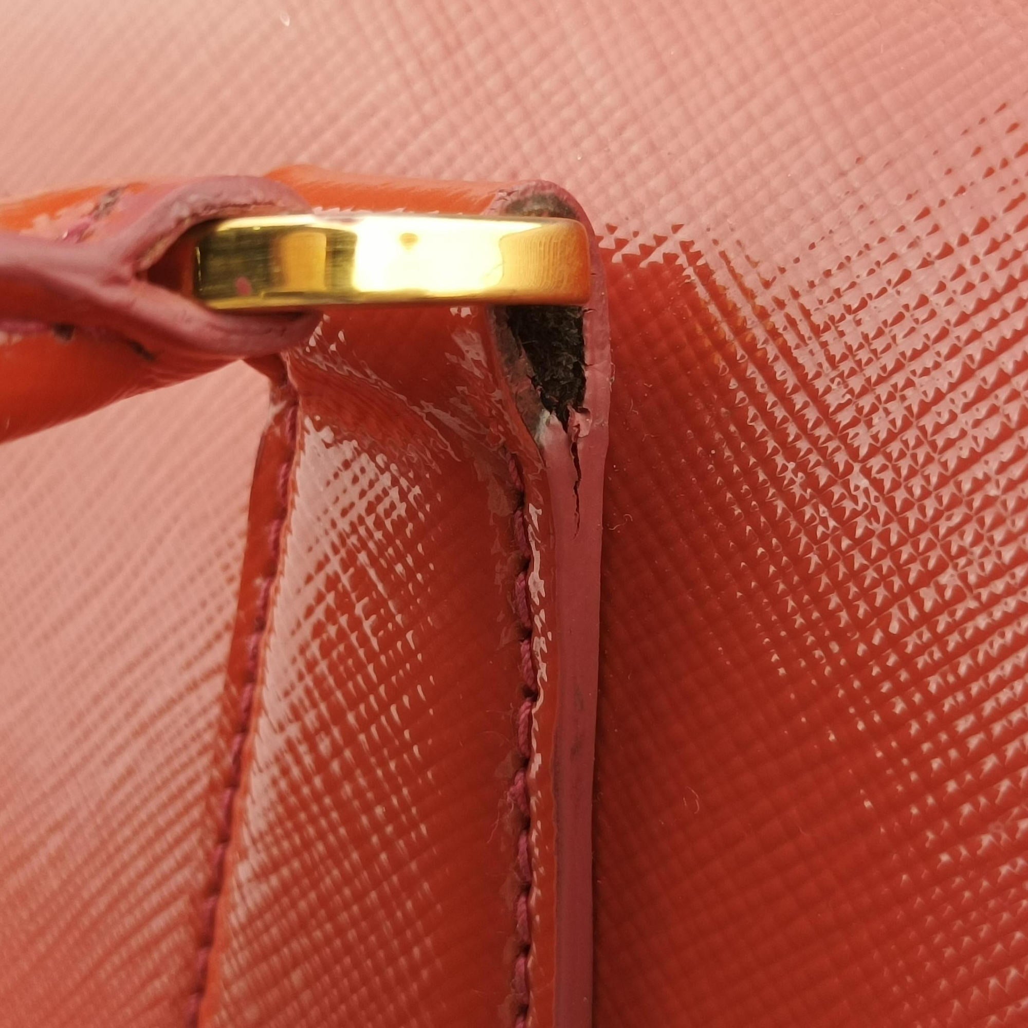 Pre-owned Prada Galleria Front Pocket Orange Patent BN2674 shoulderbag | stylenewstar