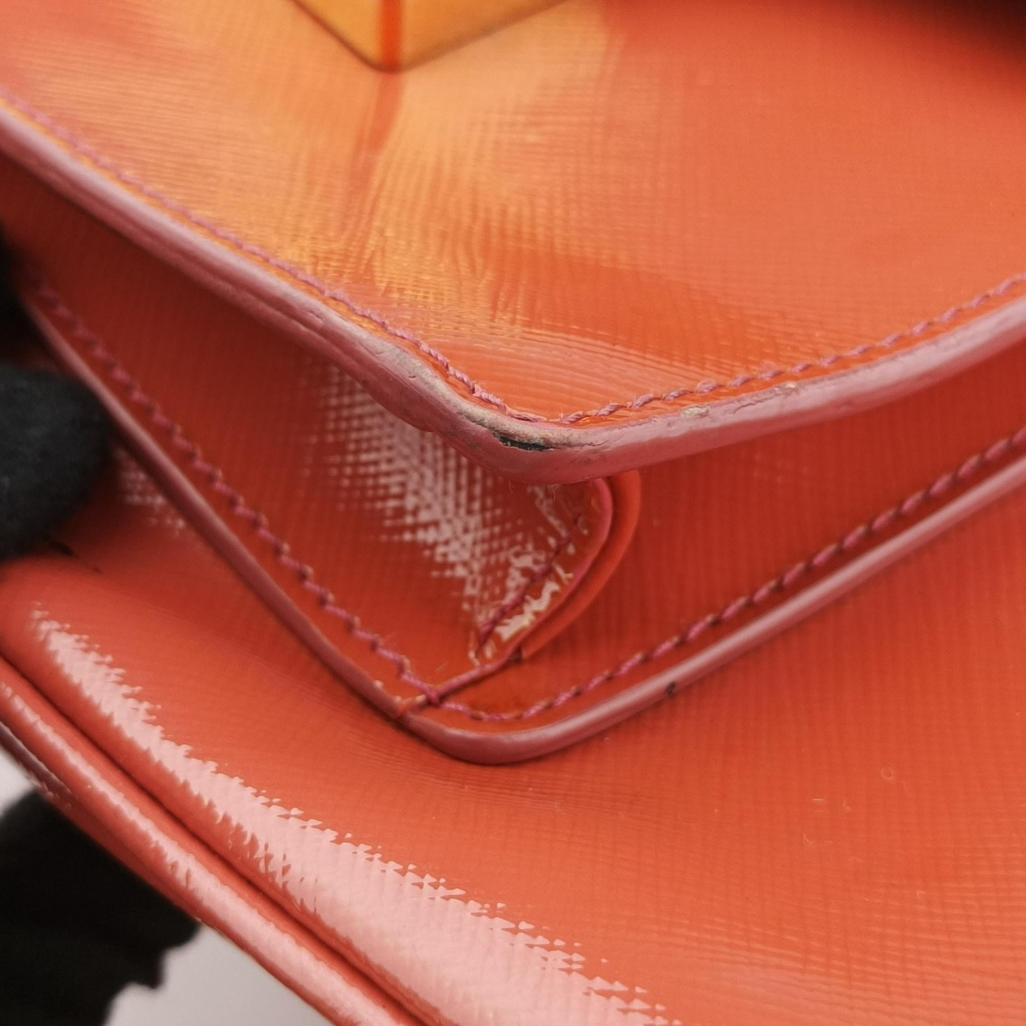 Pre-owned Prada Galleria Front Pocket Orange Patent BN2674 shoulderbag | stylenewstar