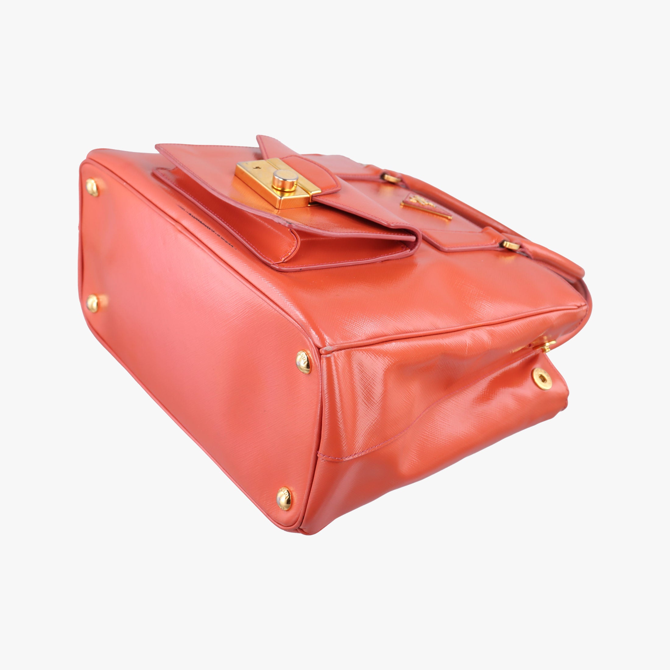 Pre-owned Prada Galleria Front Pocket Orange Patent BN2674 shoulderbag | stylenewstar