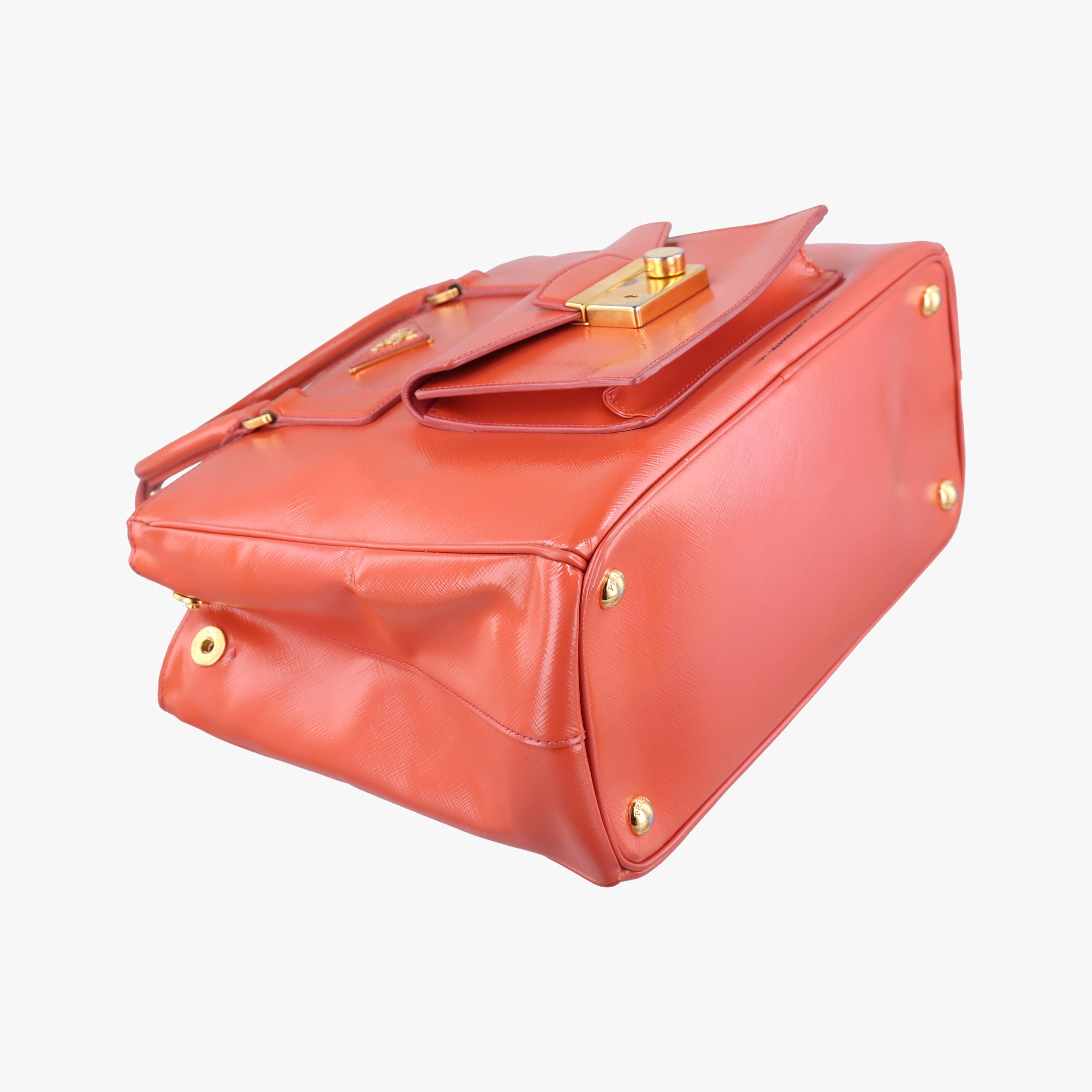 Pre-owned Prada Galleria Front Pocket Orange Patent BN2674 shoulderbag | stylenewstar