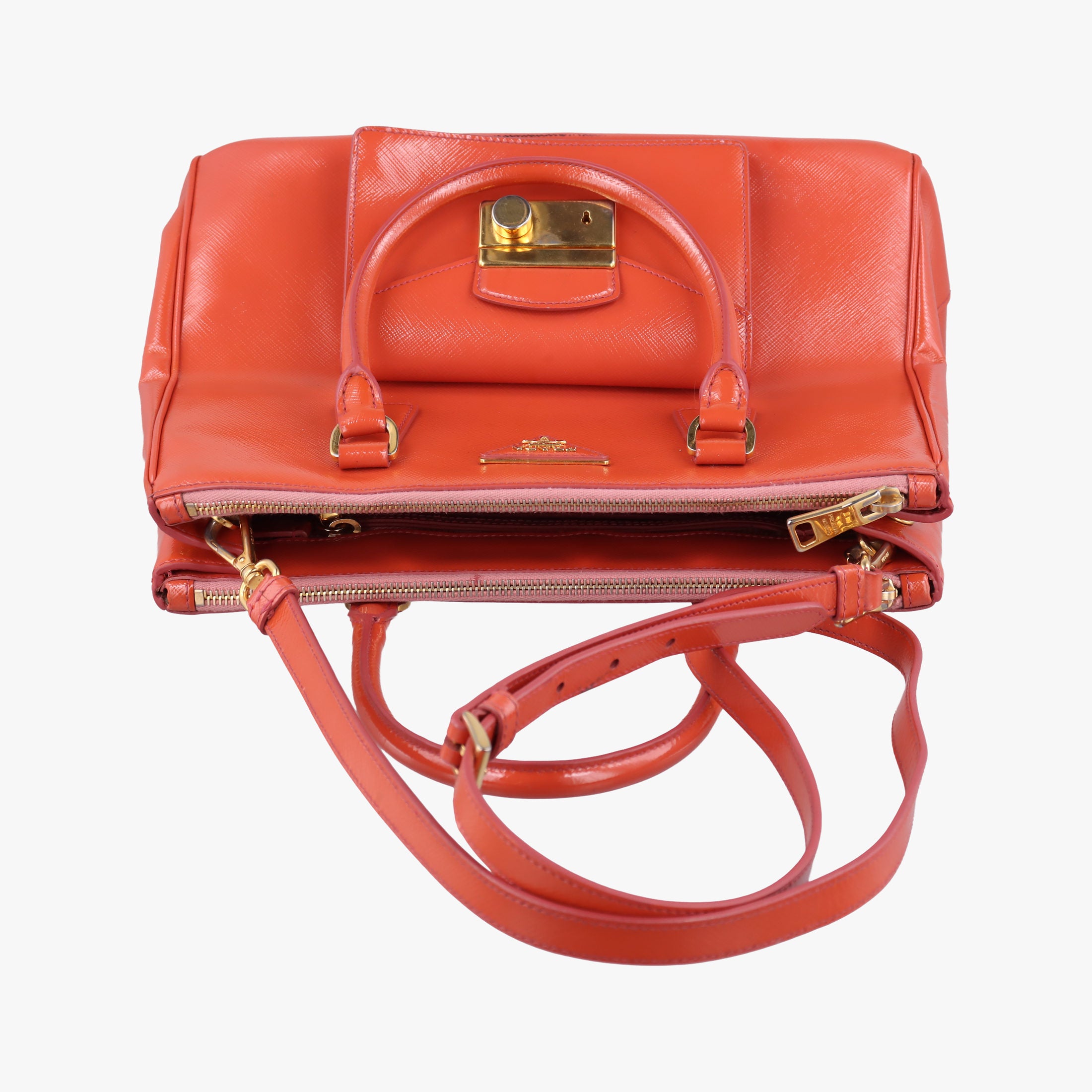 Pre-owned Prada Galleria Front Pocket Orange Patent BN2674 shoulderbag | stylenewstar