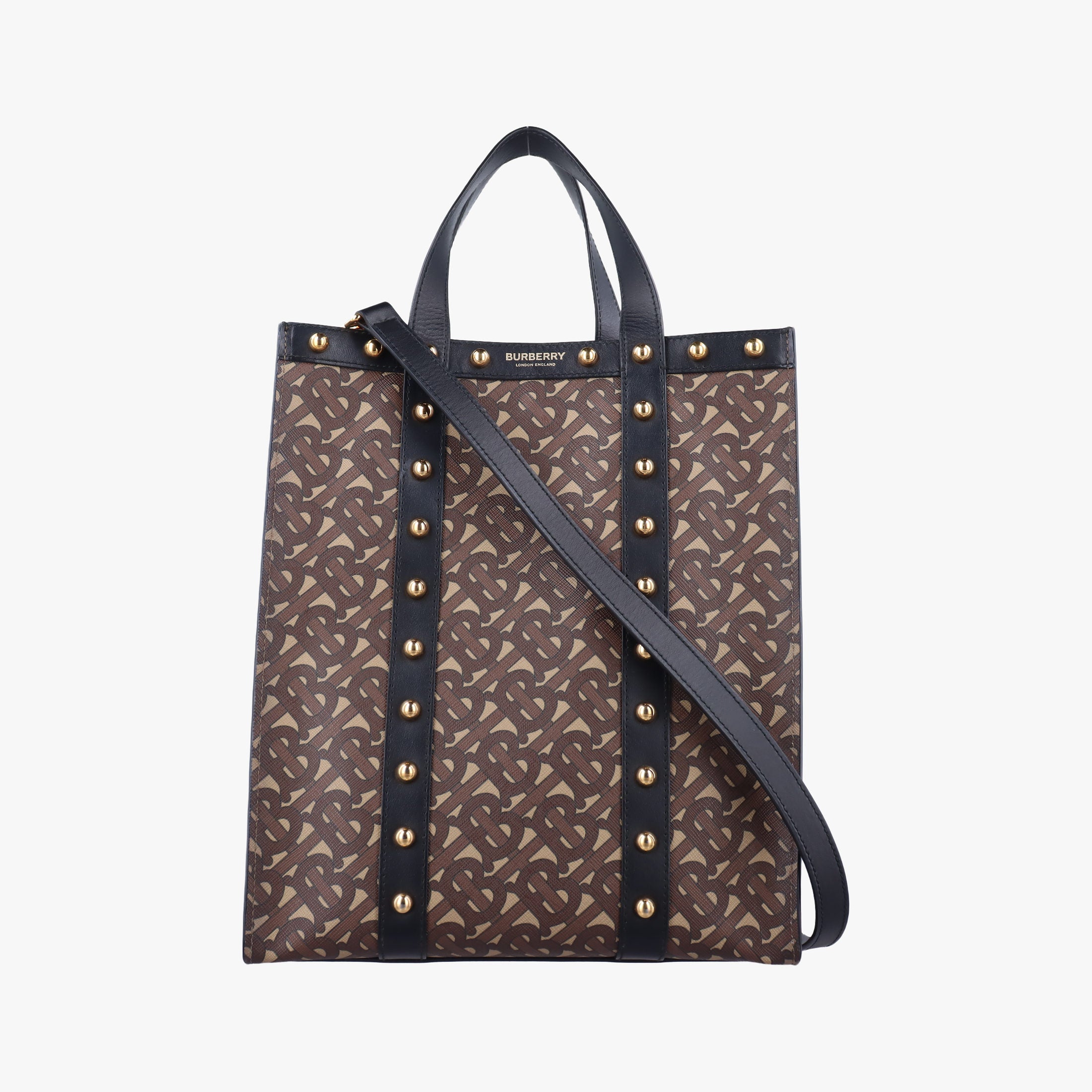 Secondhand Burberry TB Monogram Studded Book Tote Brown×Black PVC coated canvas  handbag | stylenewstar