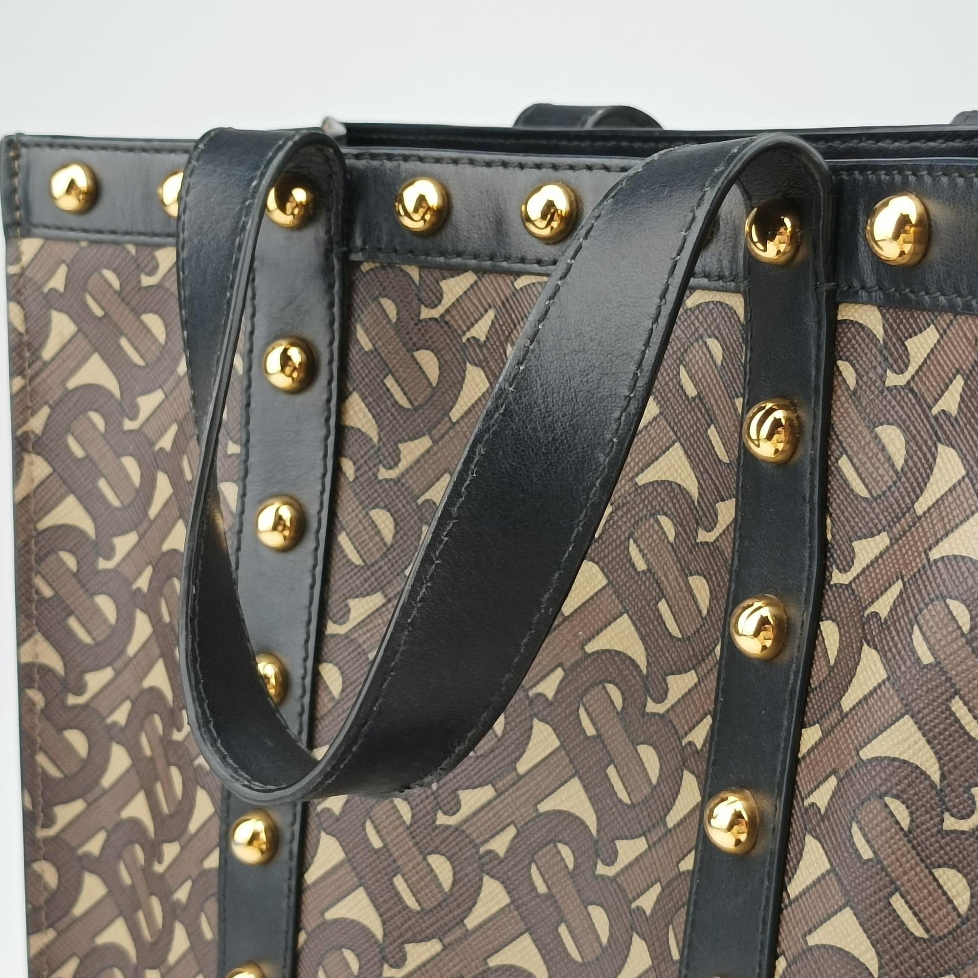 Secondhand Burberry TB Monogram Studded Book Tote Brown×Black PVC coated canvas  handbag | stylenewstar