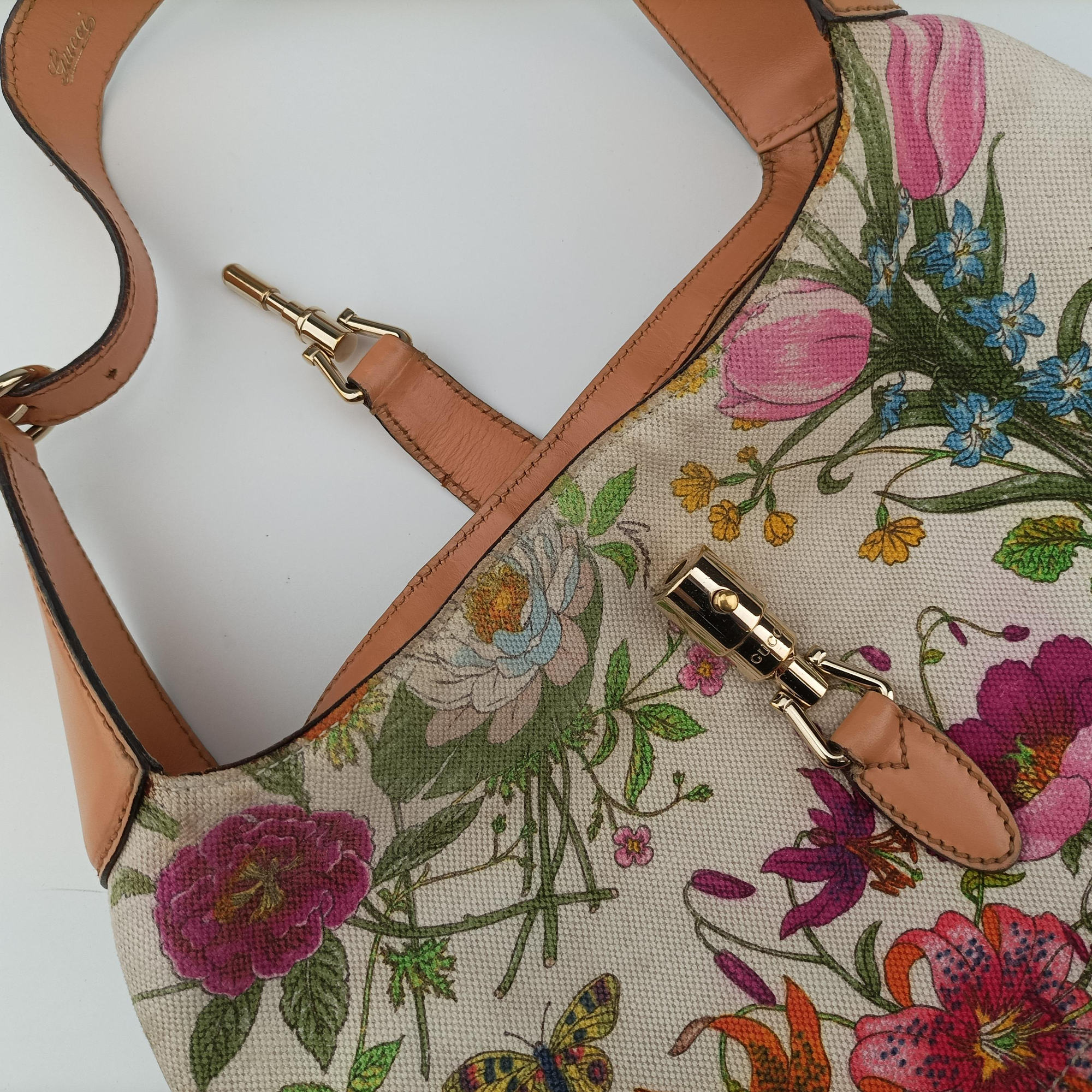 Pre-owned Gucci Flora Jackie Hobo White×Multicolour canvas×leather 137335 handbag | stylenewstar