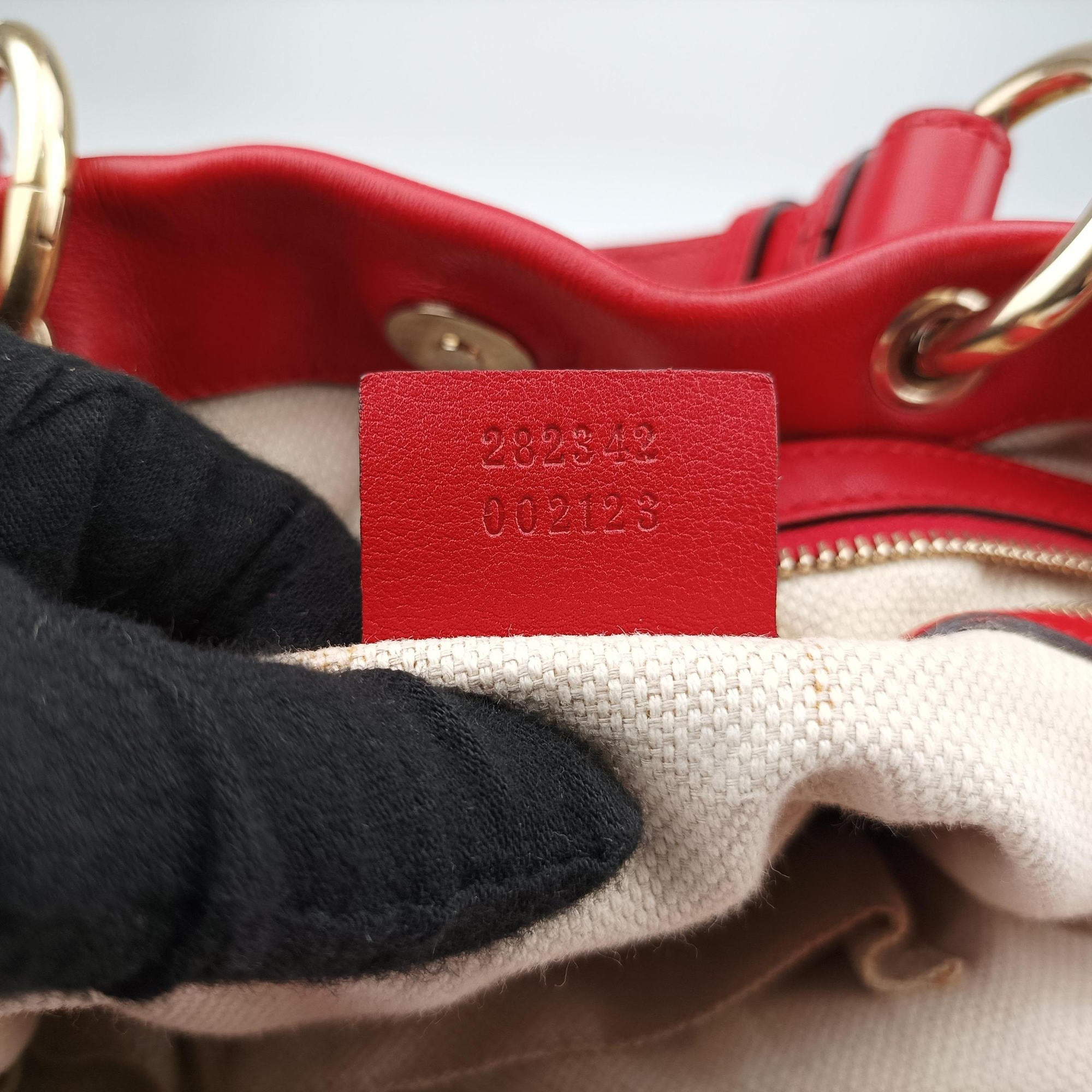 Pre-owned Gucci VALENTINE MICRO GG GUCCISSIMA khaki×red canvas×leather 282342 shoulderbag | stylenewstar