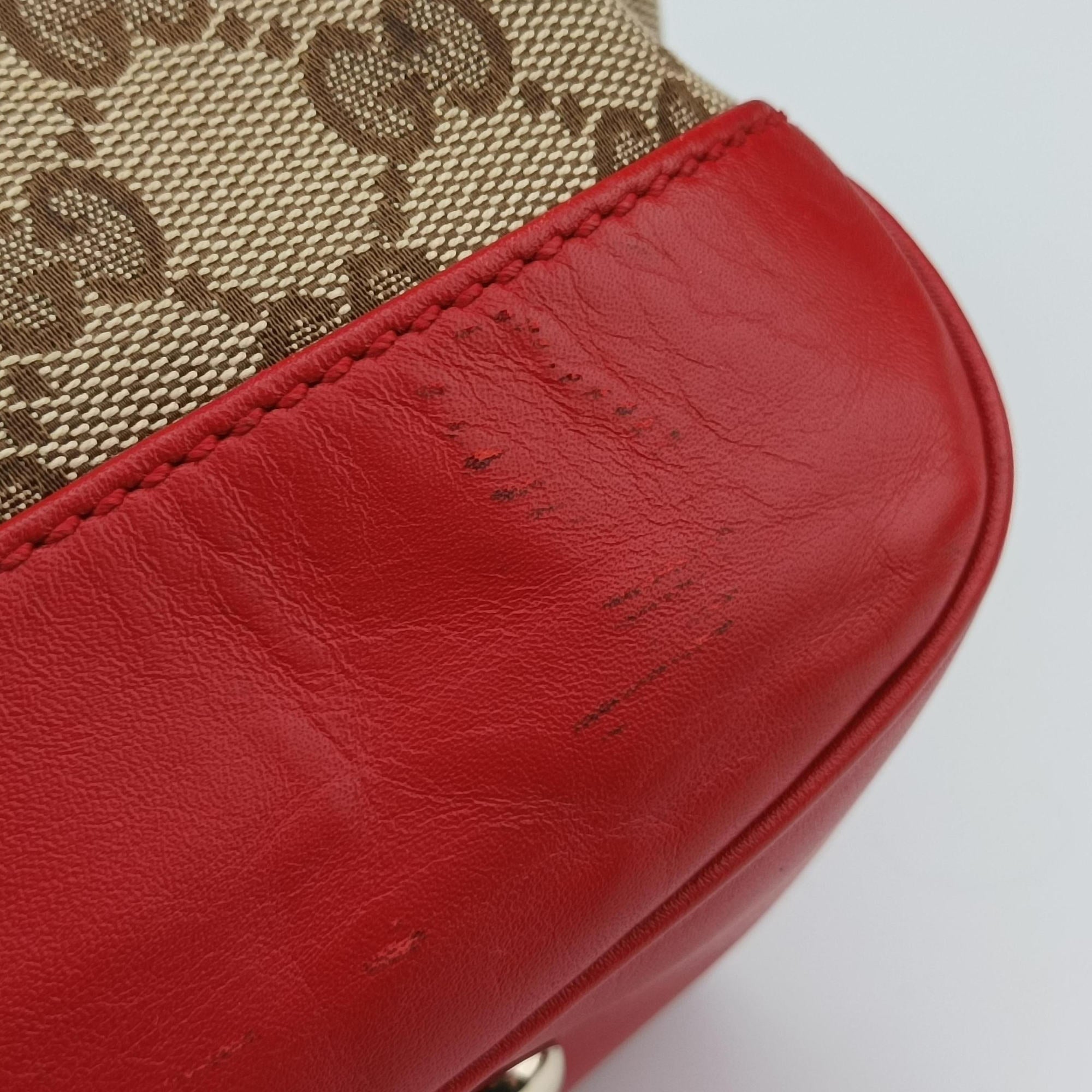 Pre-owned Gucci VALENTINE MICRO GG GUCCISSIMA khaki×red canvas×leather 282342 shoulderbag | stylenewstar