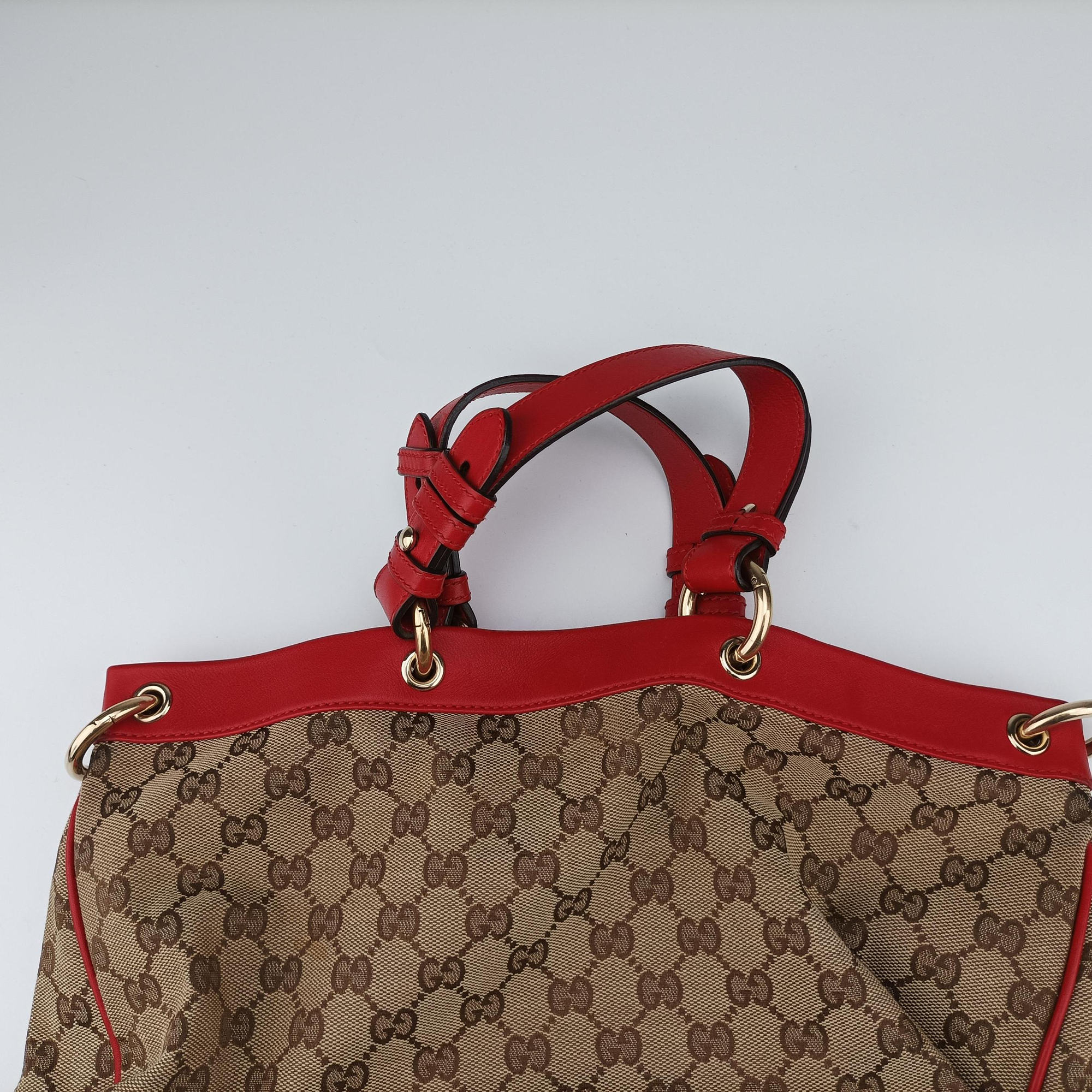 Pre-owned Gucci VALENTINE MICRO GG GUCCISSIMA khaki×red canvas×leather 282342 shoulderbag | stylenewstar