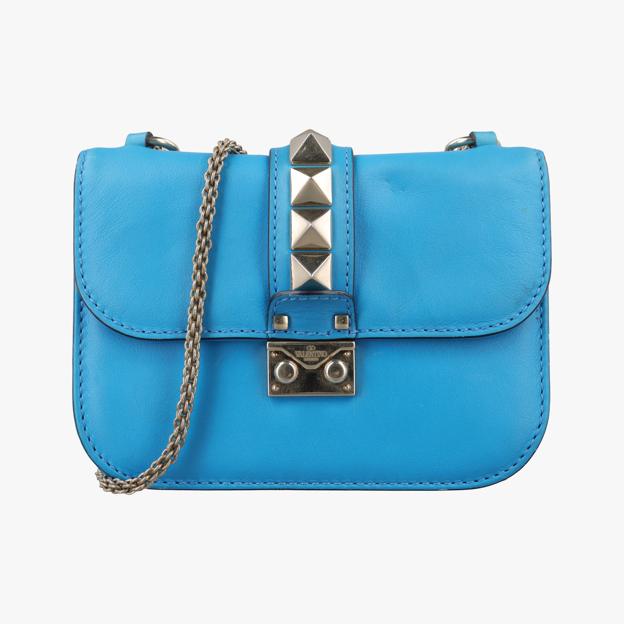 Pre-owned Valentino Rockstud Glam Lock Blue Leather  shoulderbag | stylenewstar