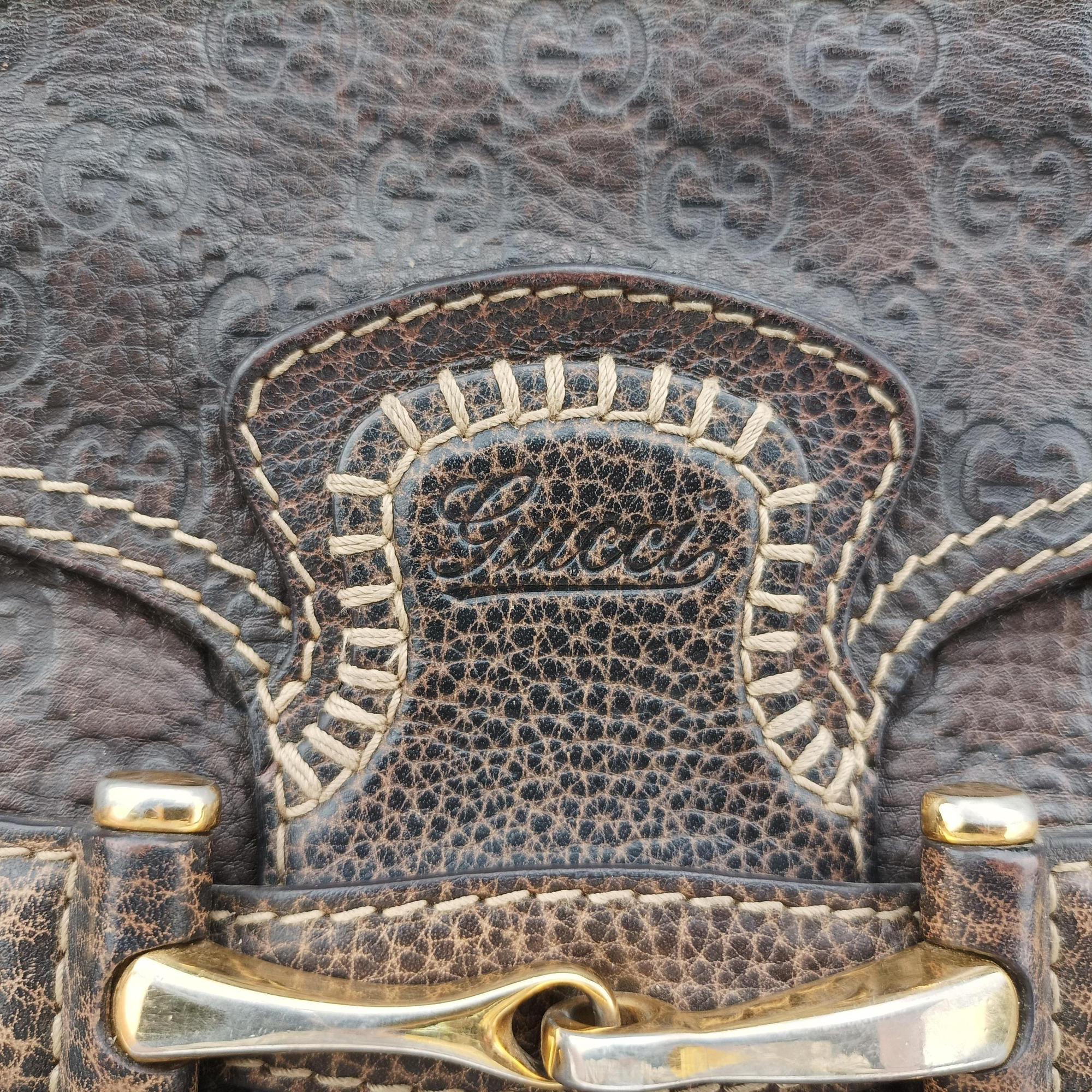 Pre-owned Gucci Guccissima New Pelham horsebit Brown leather 223956 handbag | stylenewstar