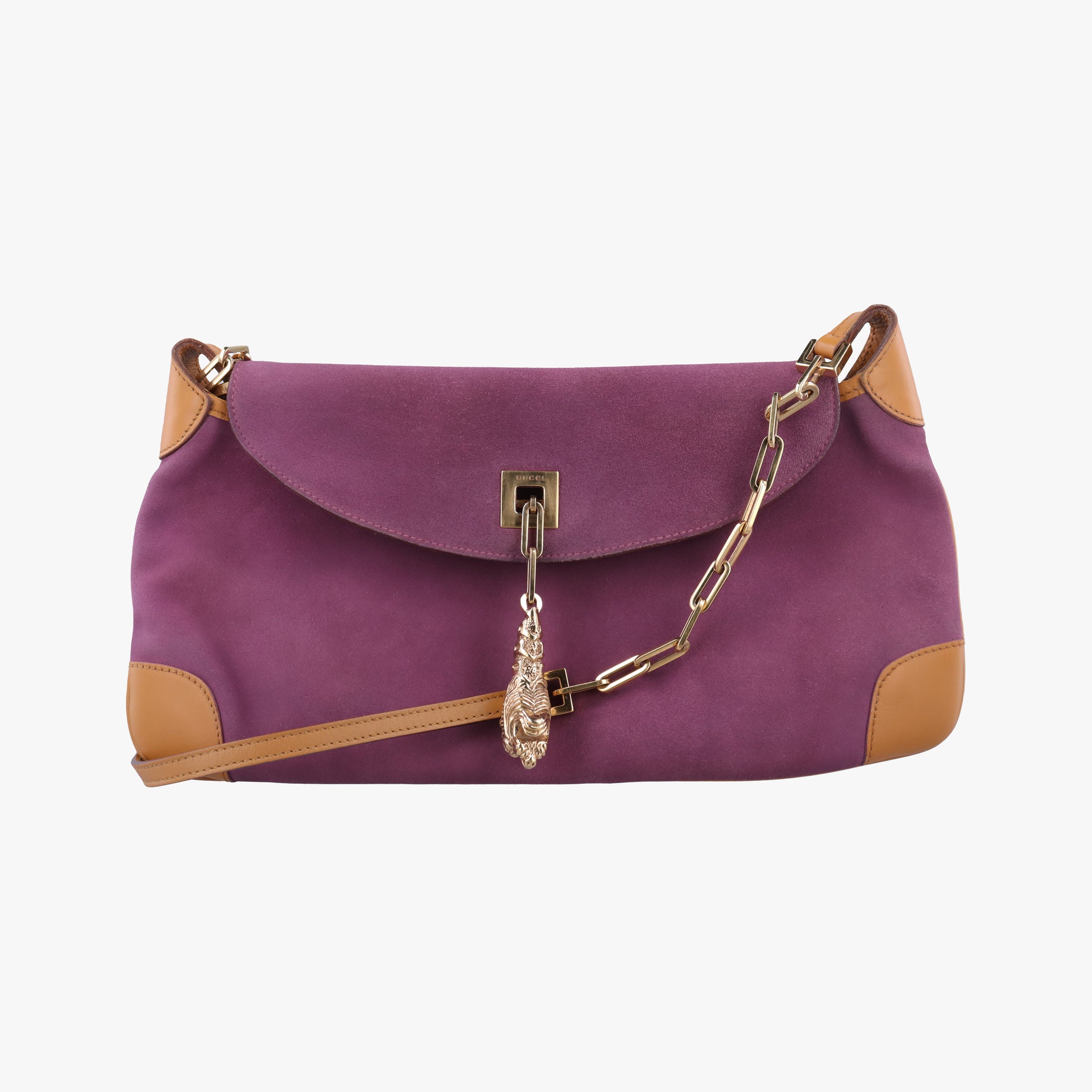 Pre-owned Gucci tiger head purplexbeige Suedexleather 001·41 handbag | stylenewstar