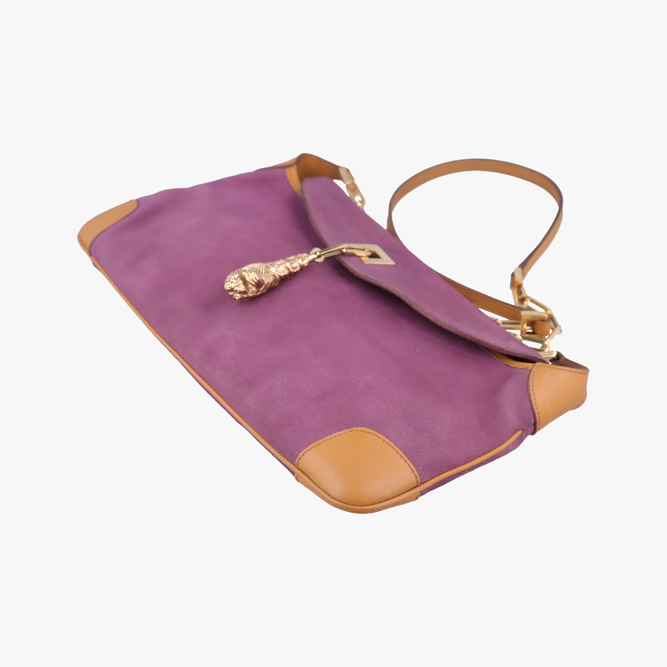 Pre-owned Gucci tiger head purplexbeige Suedexleather 001·41 handbag | stylenewstar