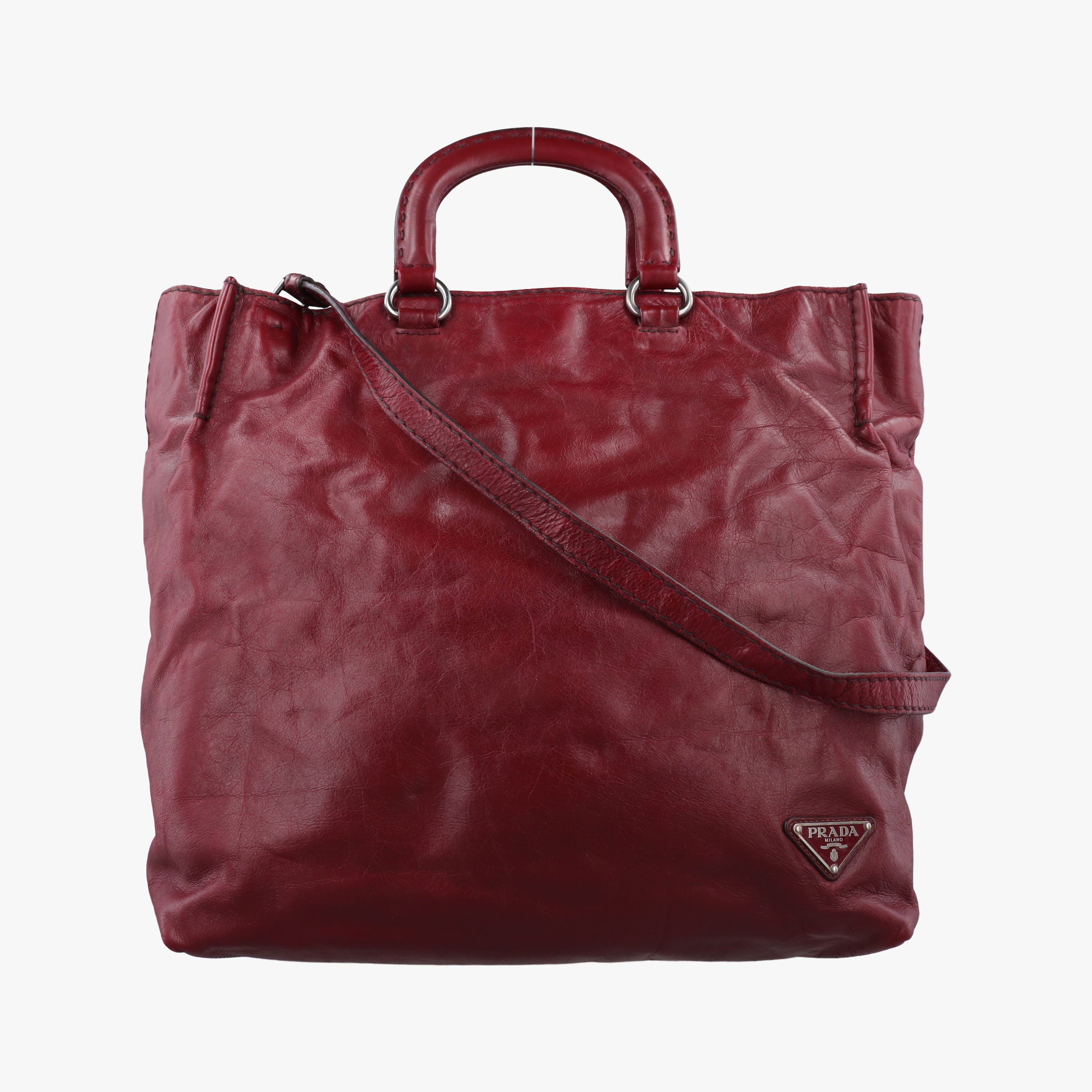 Pre-owned Prada Triangle Logo Bordeaux Leather  shoulderbag | stylenewstar