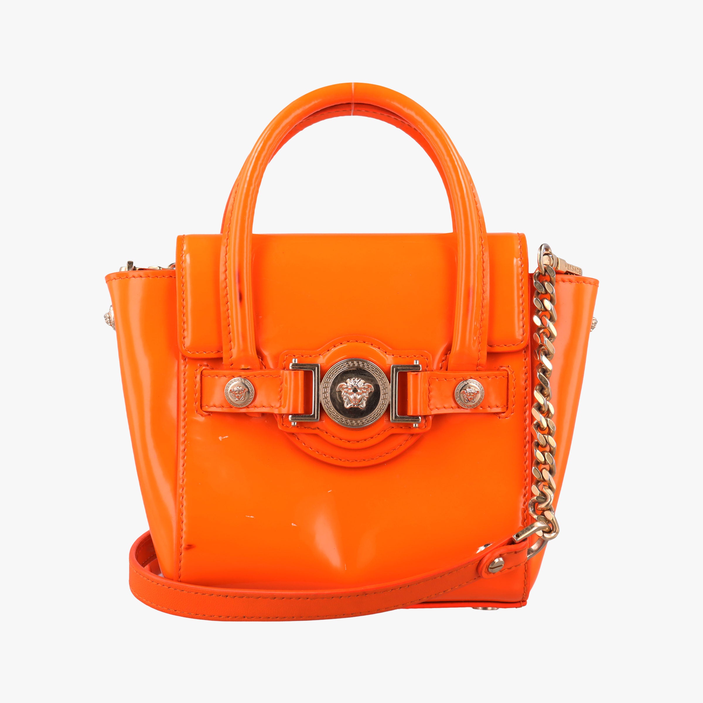Pre-owned VERSACE La Medusa Orange patent  shoulderbag | stylenewstar