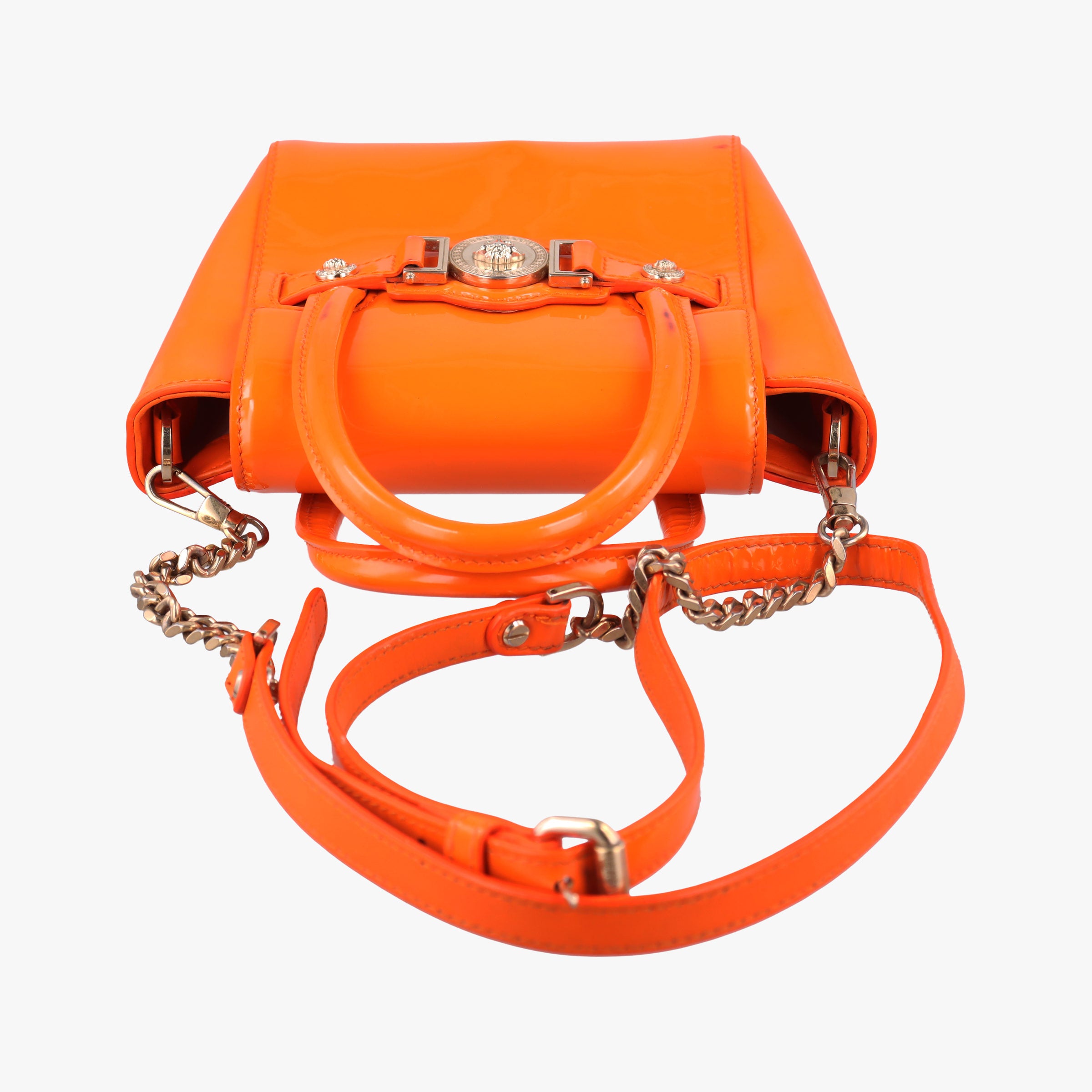 Pre-owned VERSACE La Medusa Orange patent  shoulderbag | stylenewstar