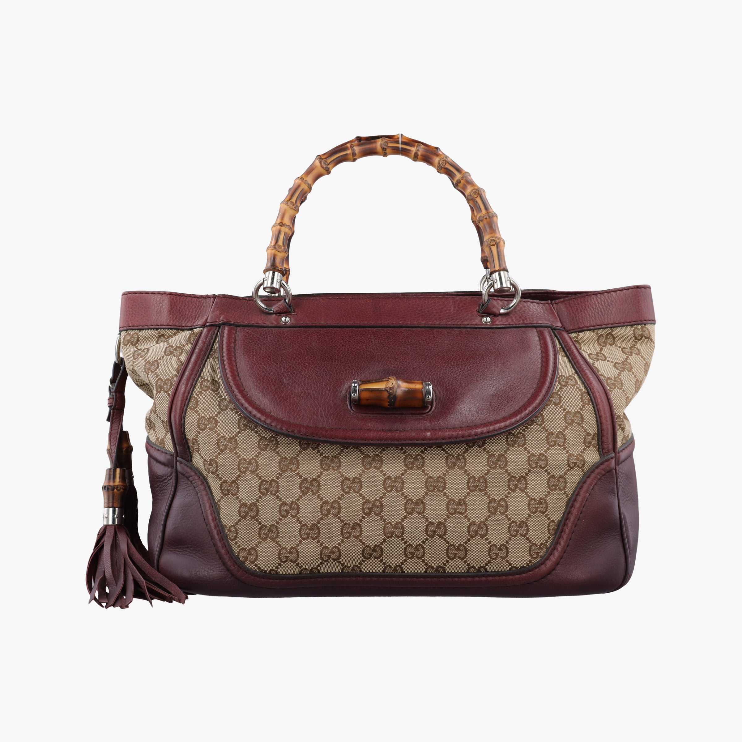 Pre-owned Gucci New Bamboo Tassel beige×burgundy canvas×leather 246860 handbag | stylenewstar