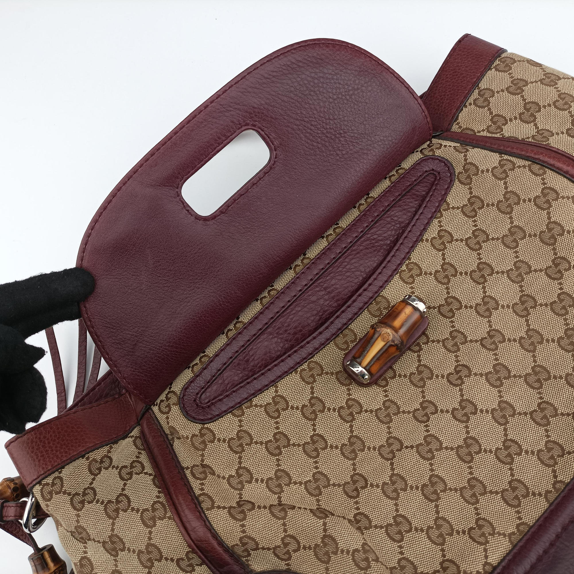 Pre-owned Gucci New Bamboo Tassel beige×burgundy canvas×leather 246860 handbag | stylenewstar