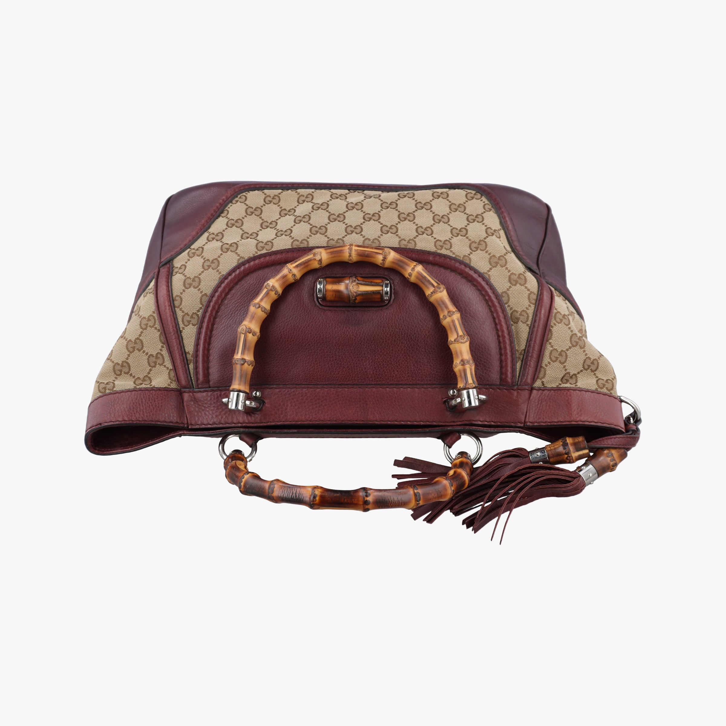 Pre-owned Gucci New Bamboo Tassel beige×burgundy canvas×leather 246860 handbag | stylenewstar