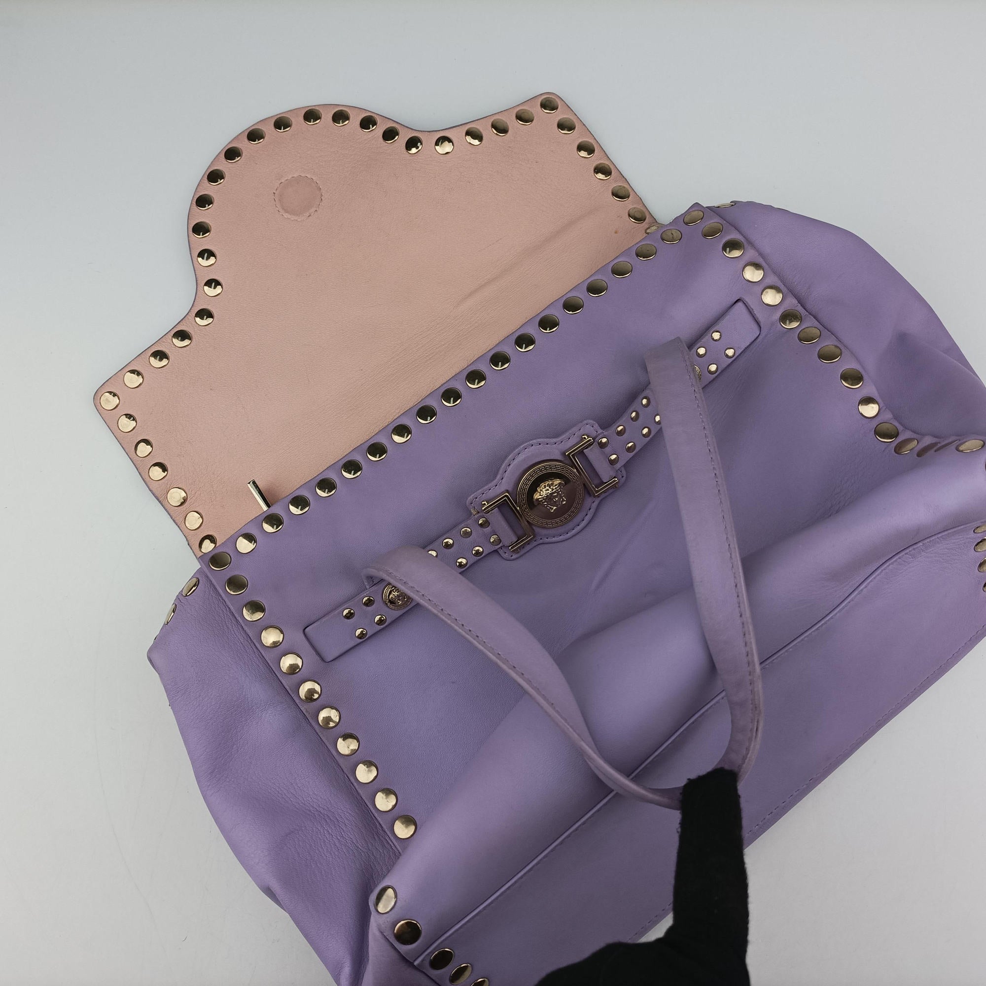 Pre-owned VERSACE medusa Purple Nappa Leather  shoulderbag | stylenewstar