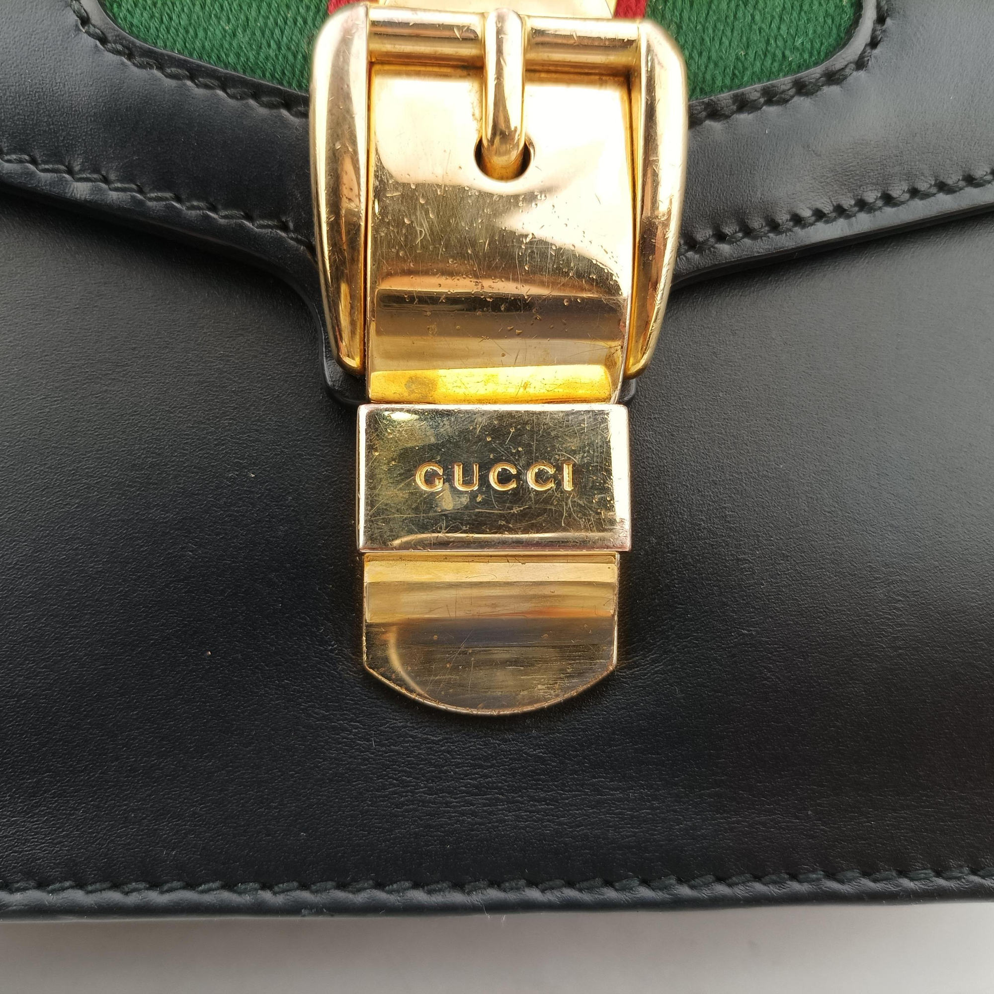Pre-owned Gucci Sylvie Black×Green×Red Leather 421882 shoulderbag | stylenewstar