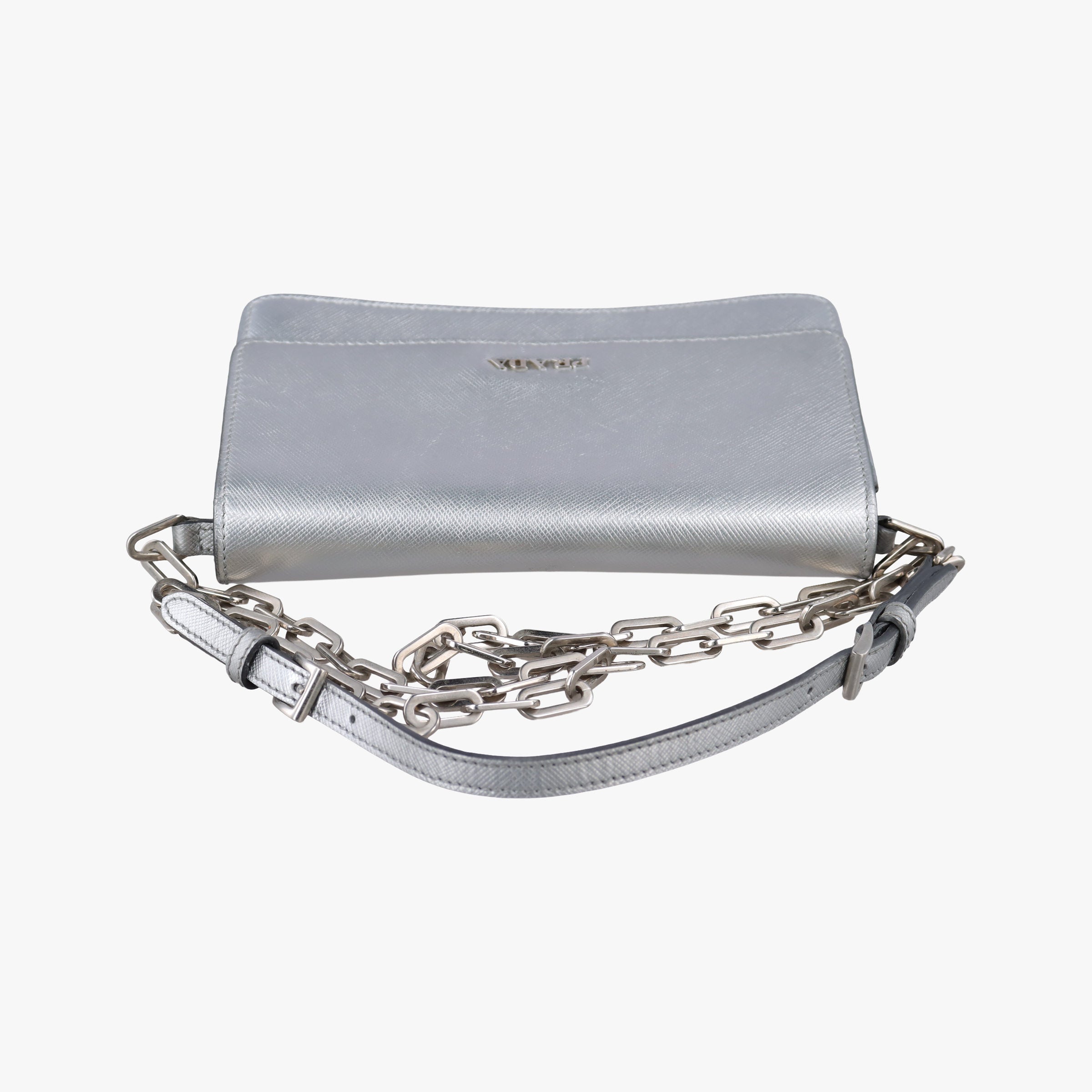 Vintage Prada Logo Chain Silver SAFFIANO Leather BT1035 shoulderbag | stylenewstar