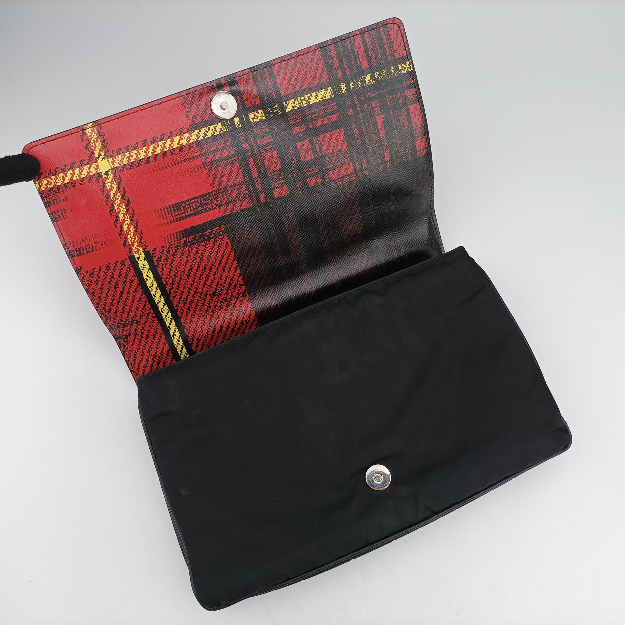 Pre-owned Prada Plaid Tartan flap Black x Red x Multicolor Leather x Nylon  handbag | stylenewstar