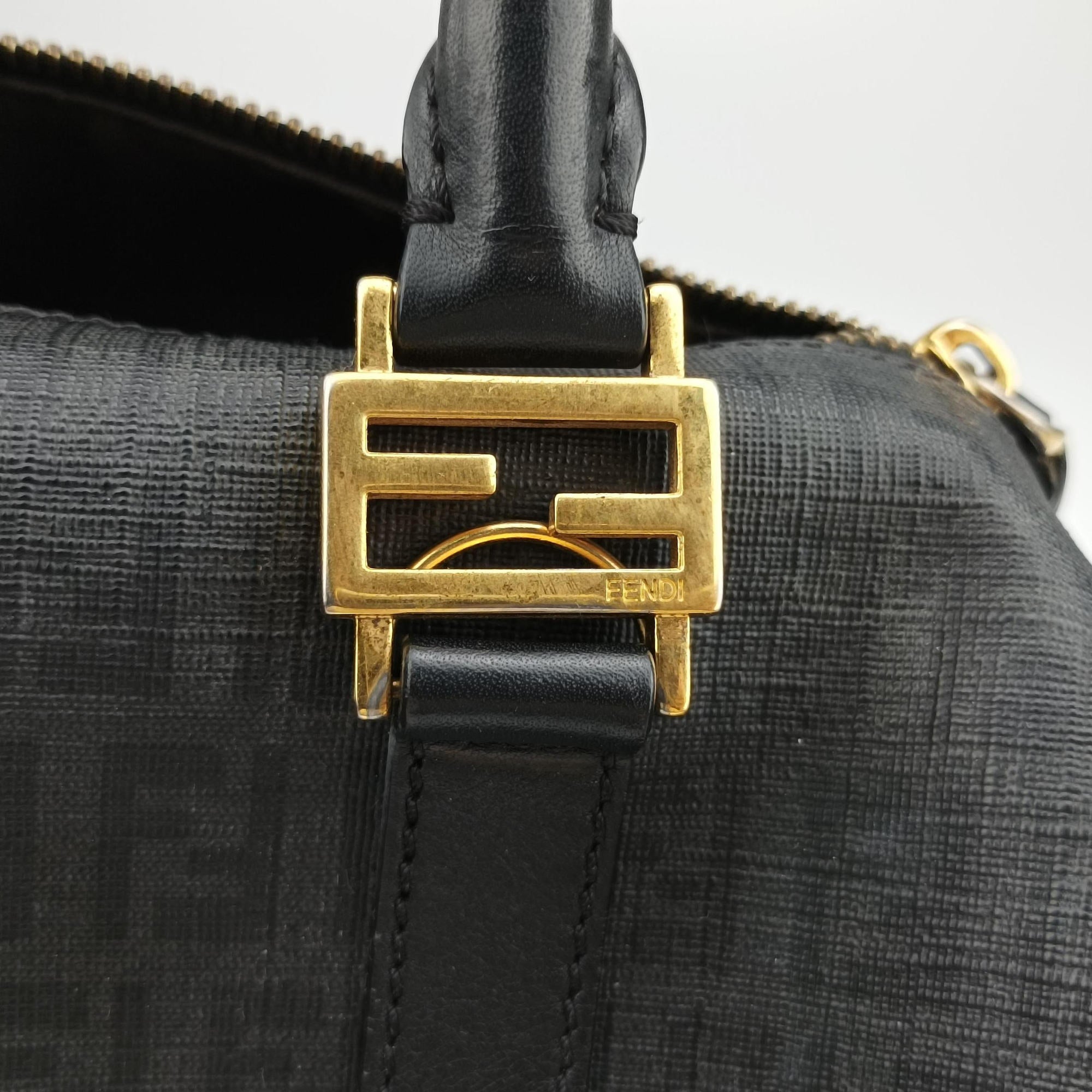 Pre-owned Fendi Zucchino Glitter Logo Black PVC coated canvas 8BL068 handbag | stylenewstar