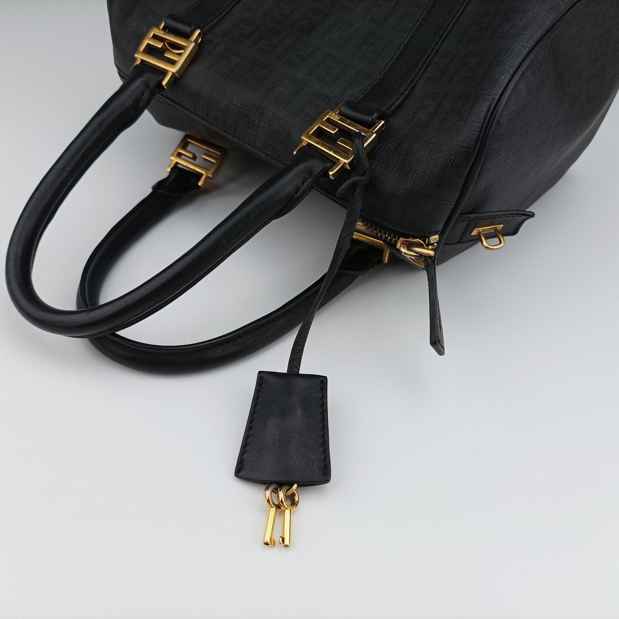 Pre-owned Fendi Zucchino Glitter Logo Black PVC coated canvas 8BL068 handbag | stylenewstar
