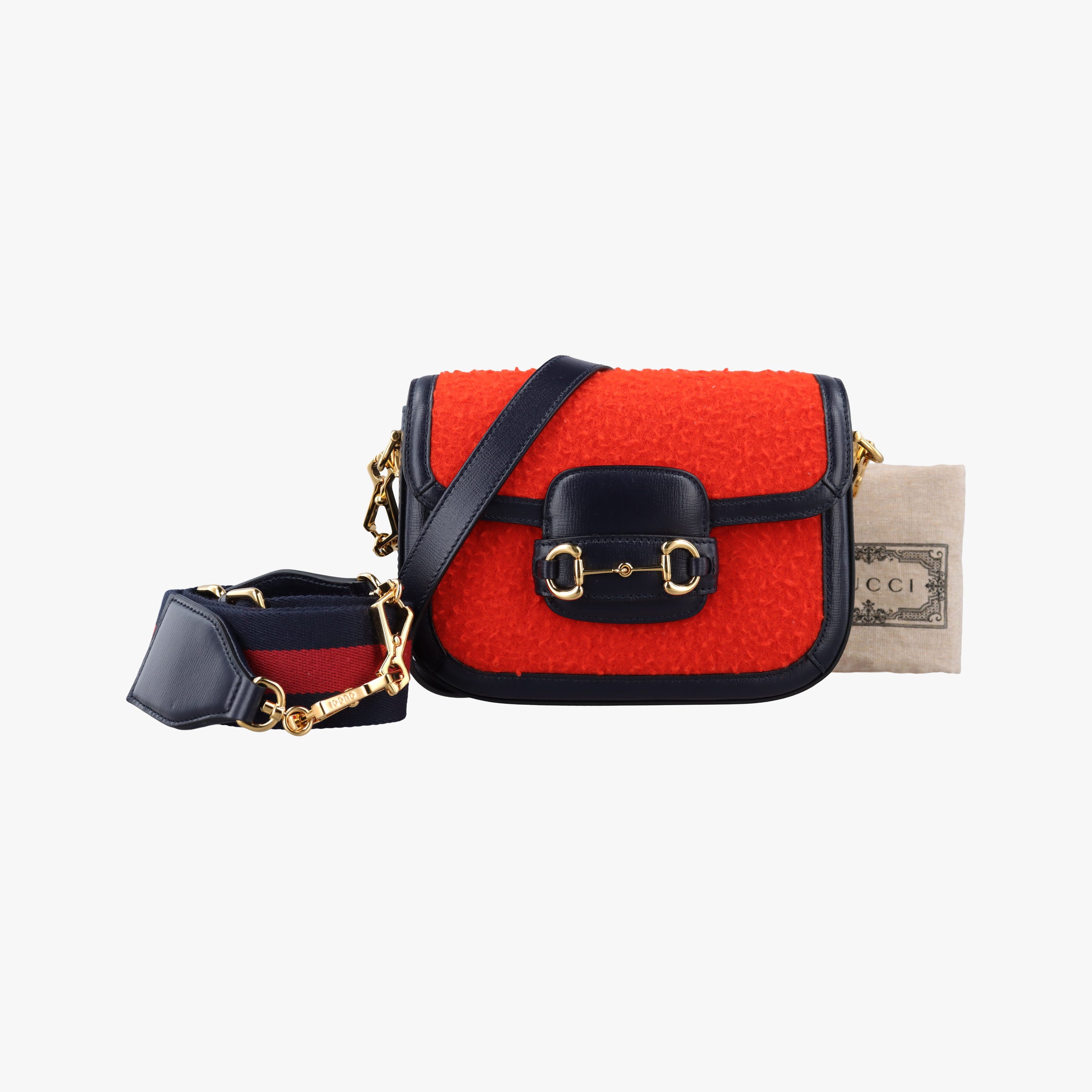 Pre-owned Gucci Horsebit 1955 Orange × Navy Tweed×Leather 658574 shoulderbag | stylenewstar
