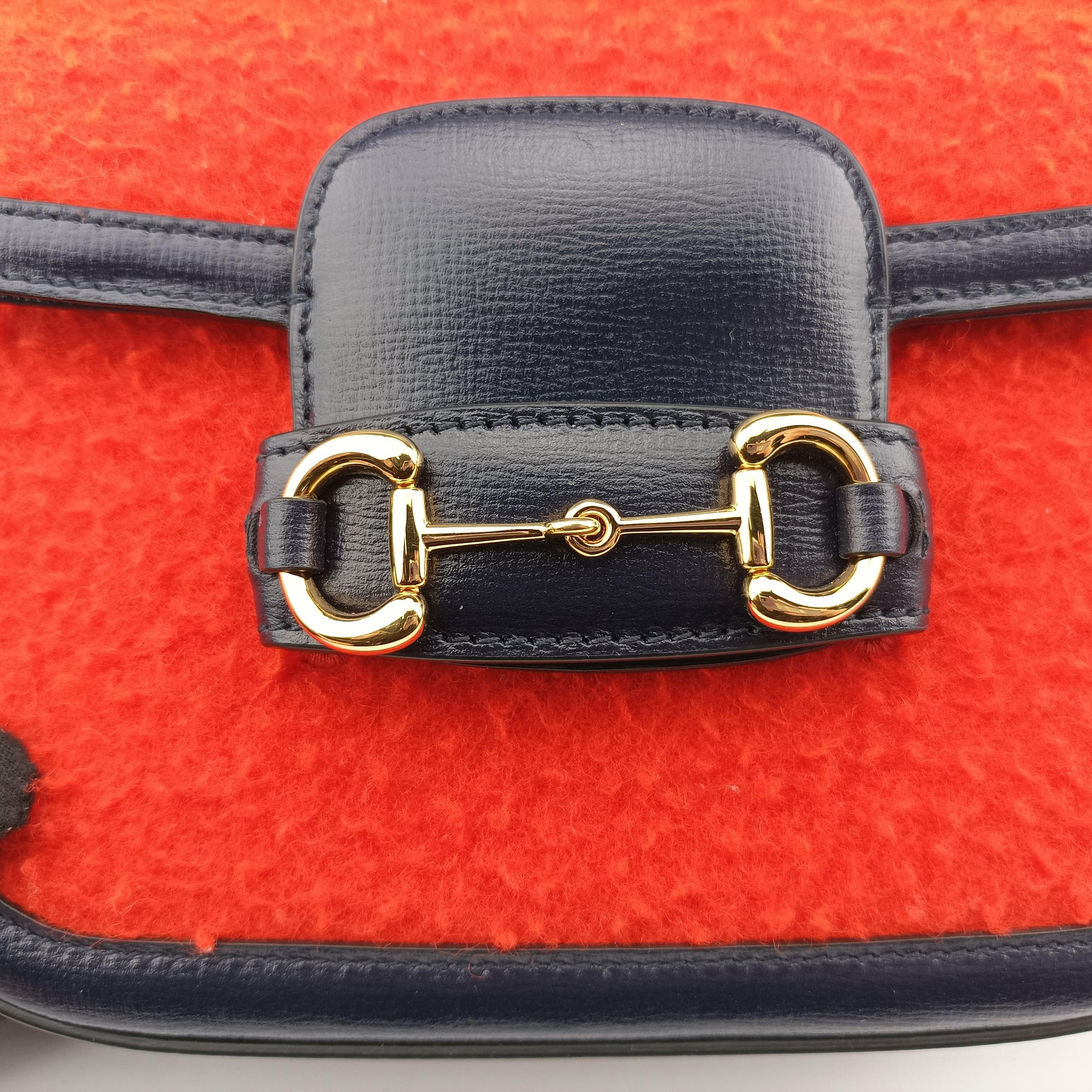 Pre-owned Gucci Horsebit 1955 Orange × Navy Tweed×Leather 658574 shoulderbag | stylenewstar