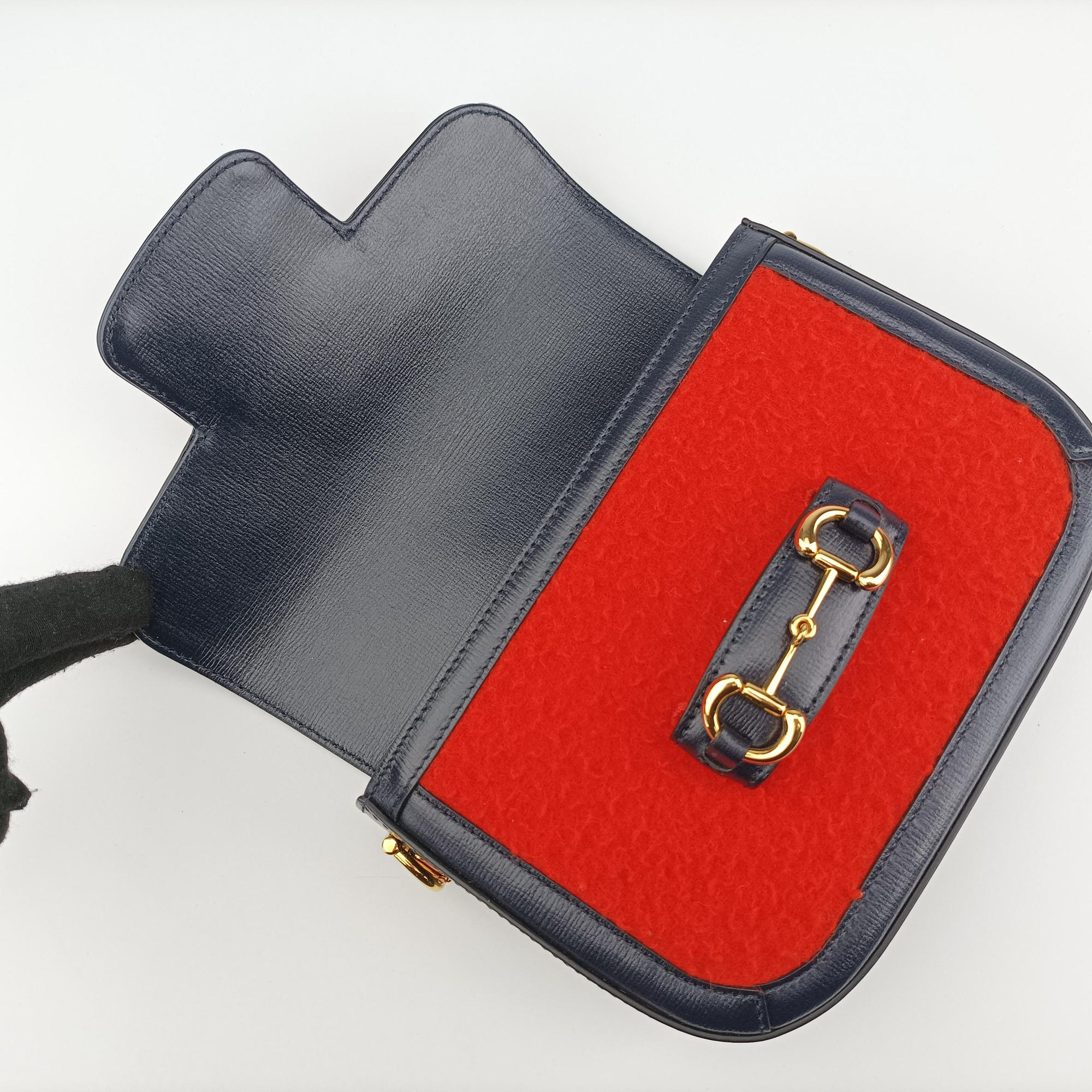 Pre-owned Gucci Horsebit 1955 Orange × Navy Tweed×Leather 658574 shoulderbag | stylenewstar