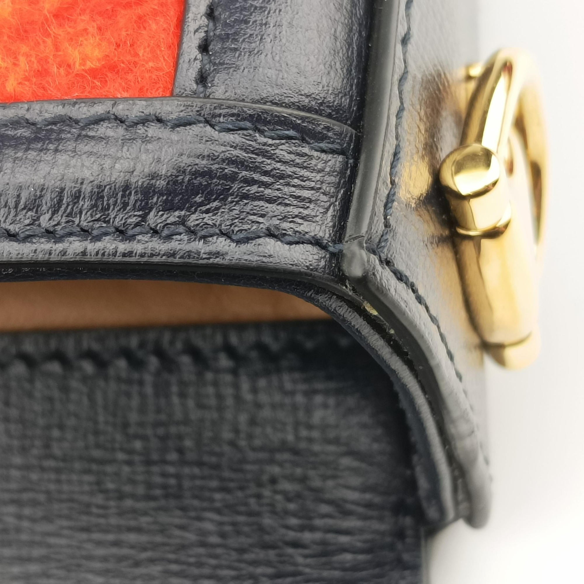 Pre-owned Gucci Horsebit 1955 Orange × Navy Tweed×Leather 658574 shoulderbag | stylenewstar