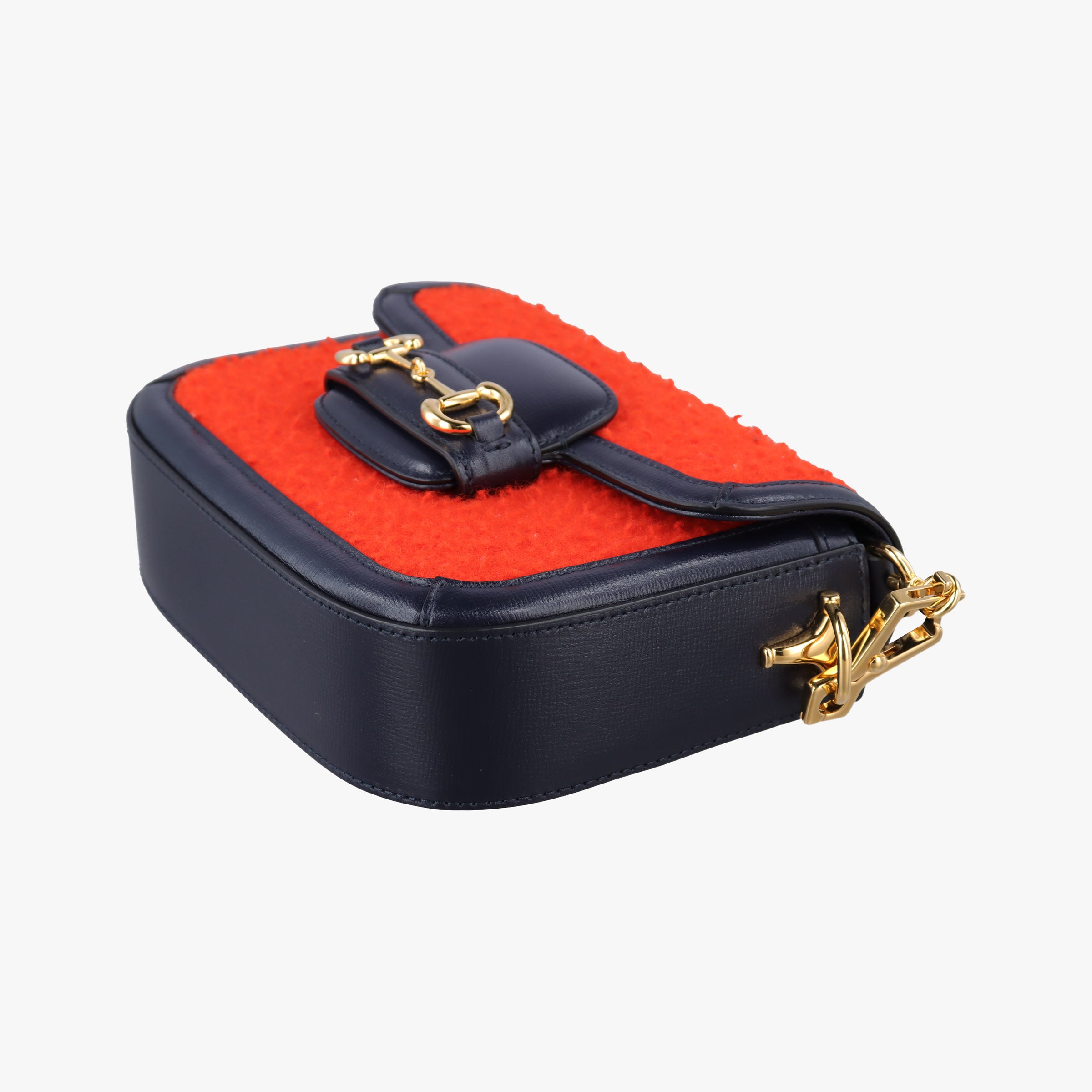 Pre-owned Gucci Horsebit 1955 Orange × Navy Tweed×Leather 658574 shoulderbag | stylenewstar