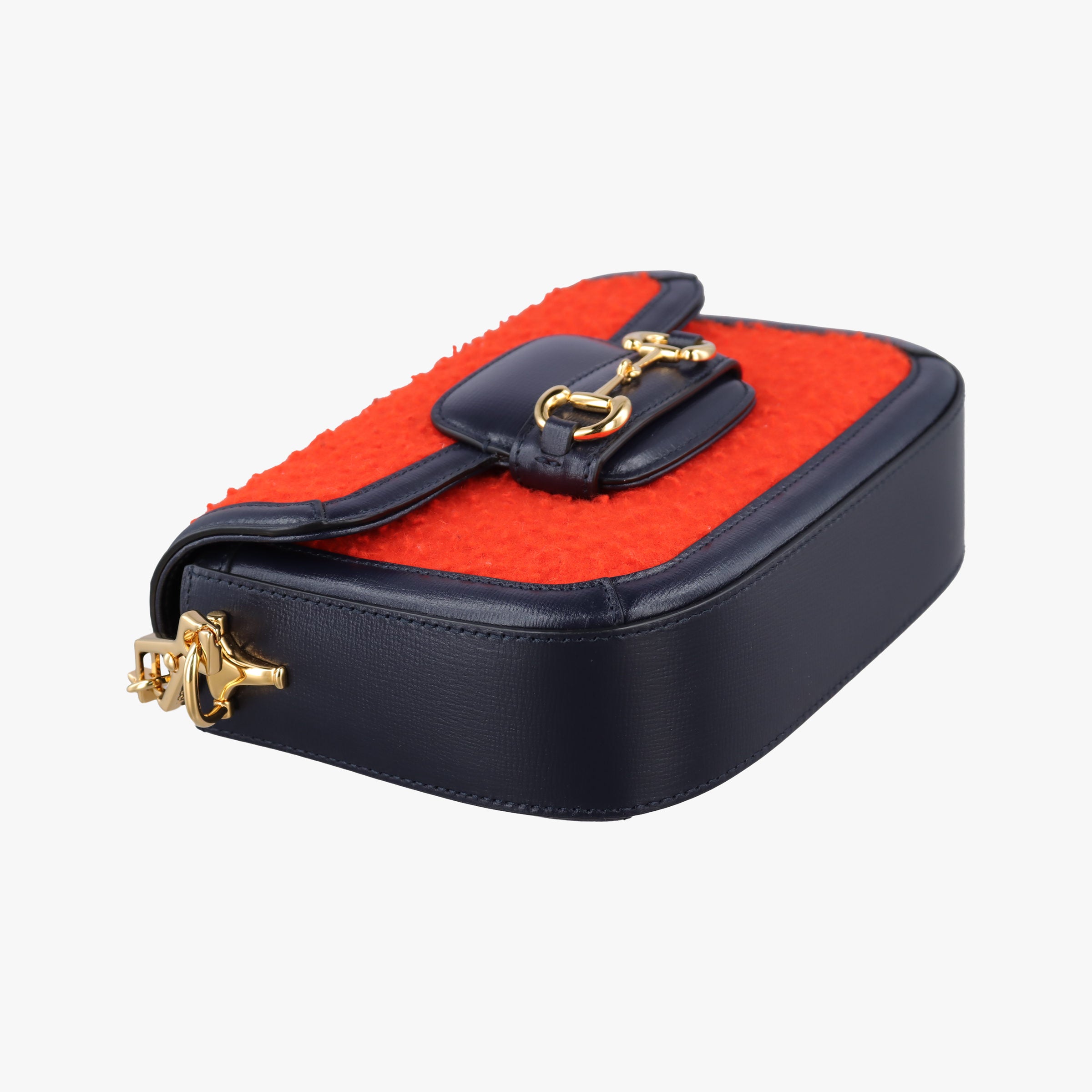 Pre-owned Gucci Horsebit 1955 Orange × Navy Tweed×Leather 658574 shoulderbag | stylenewstar