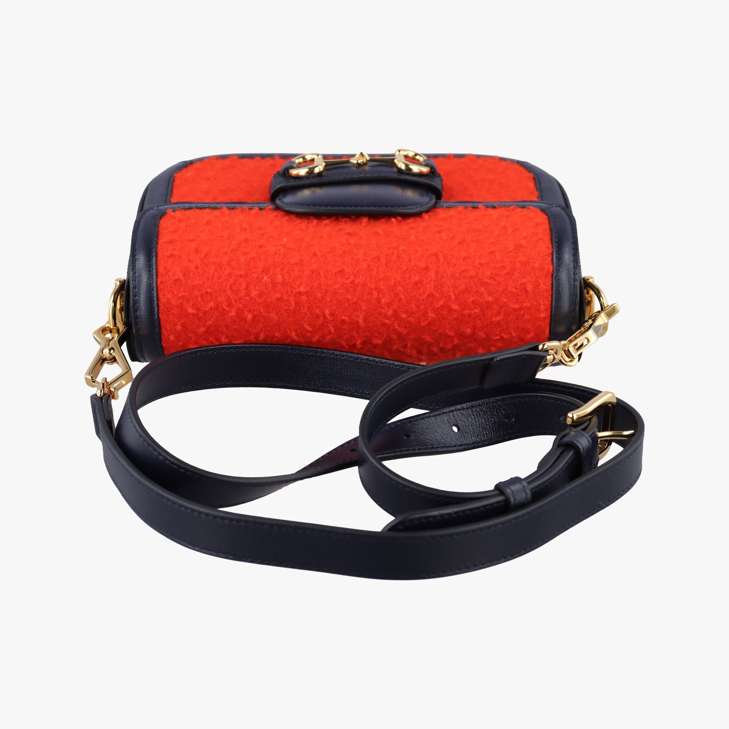 Pre-owned Gucci Horsebit 1955 Orange × Navy Tweed×Leather 658574 shoulderbag | stylenewstar