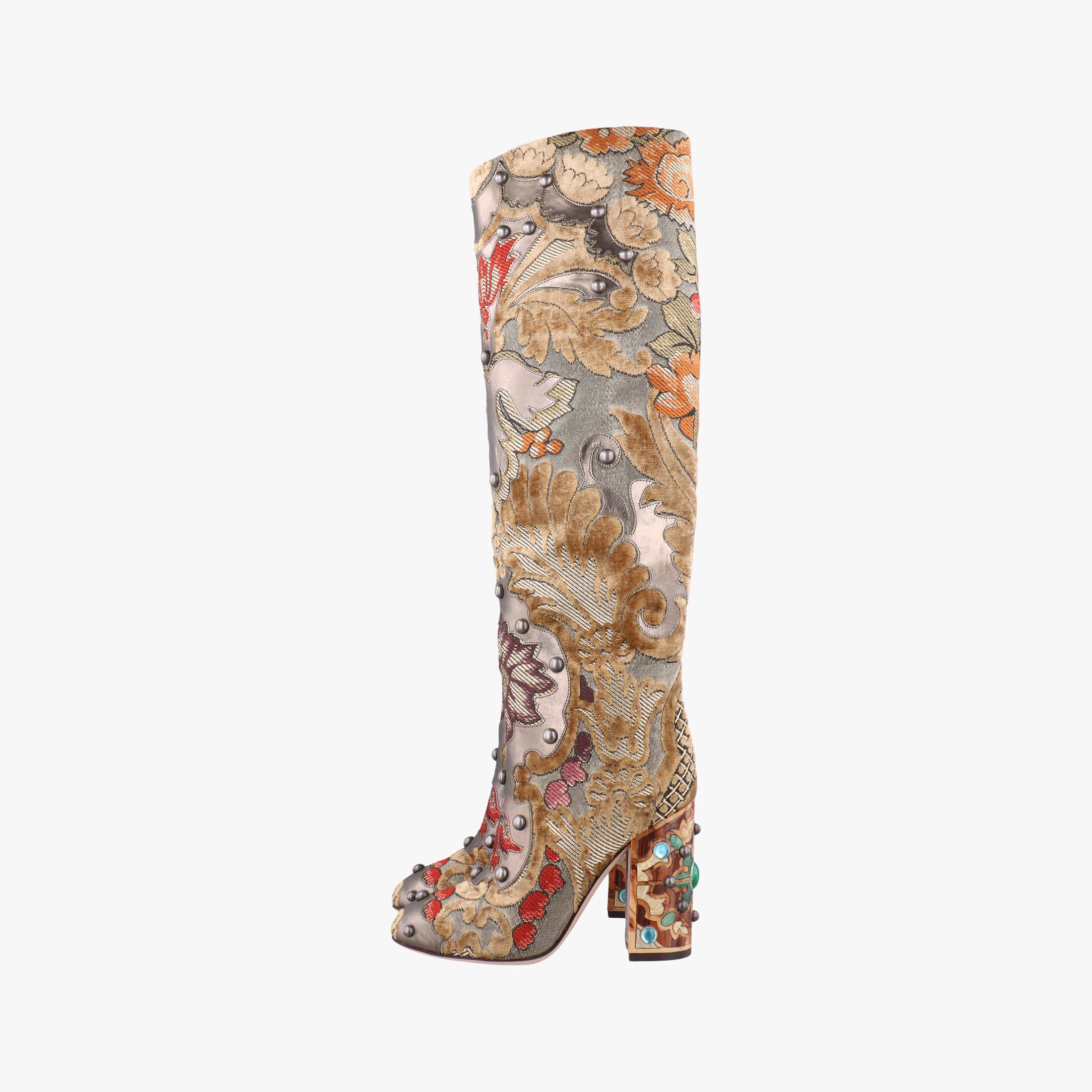 Secondhand Dolce & Gabbana  Embellished Brocade Knee-High Boots Gold and Beige Tones Jacquard  boots | stylenewstar