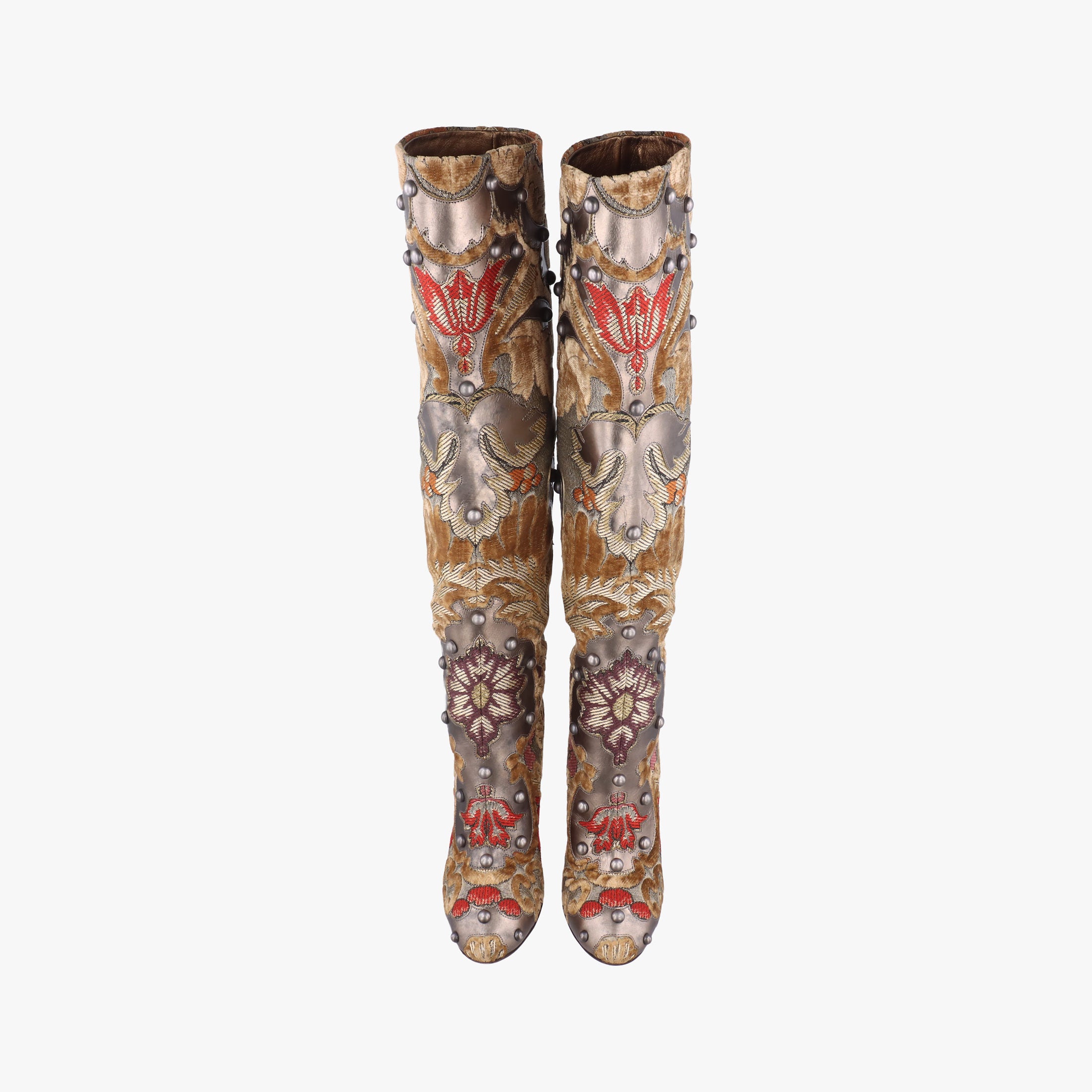 Secondhand Dolce & Gabbana  Embellished Brocade Knee-High Boots Gold and Beige Tones Jacquard  boots | stylenewstar